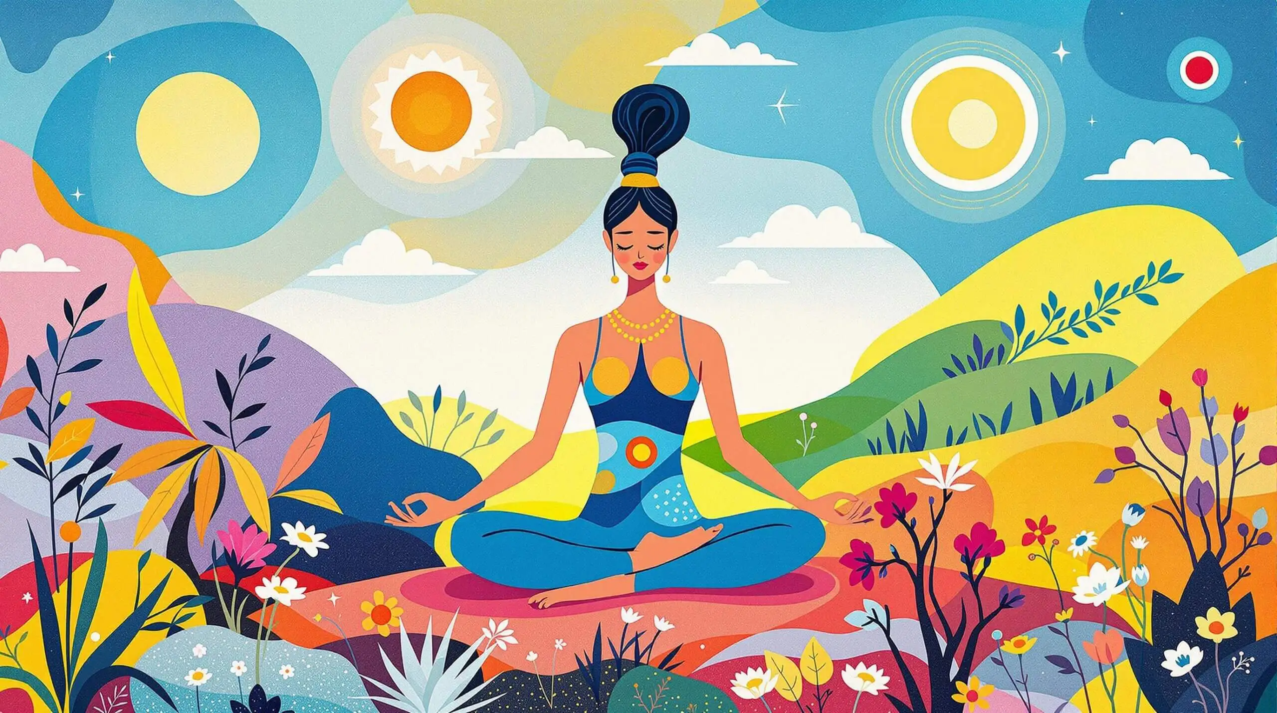 An artistic illustration of a person doing yoga surrounded by peaceful, abstract elements.