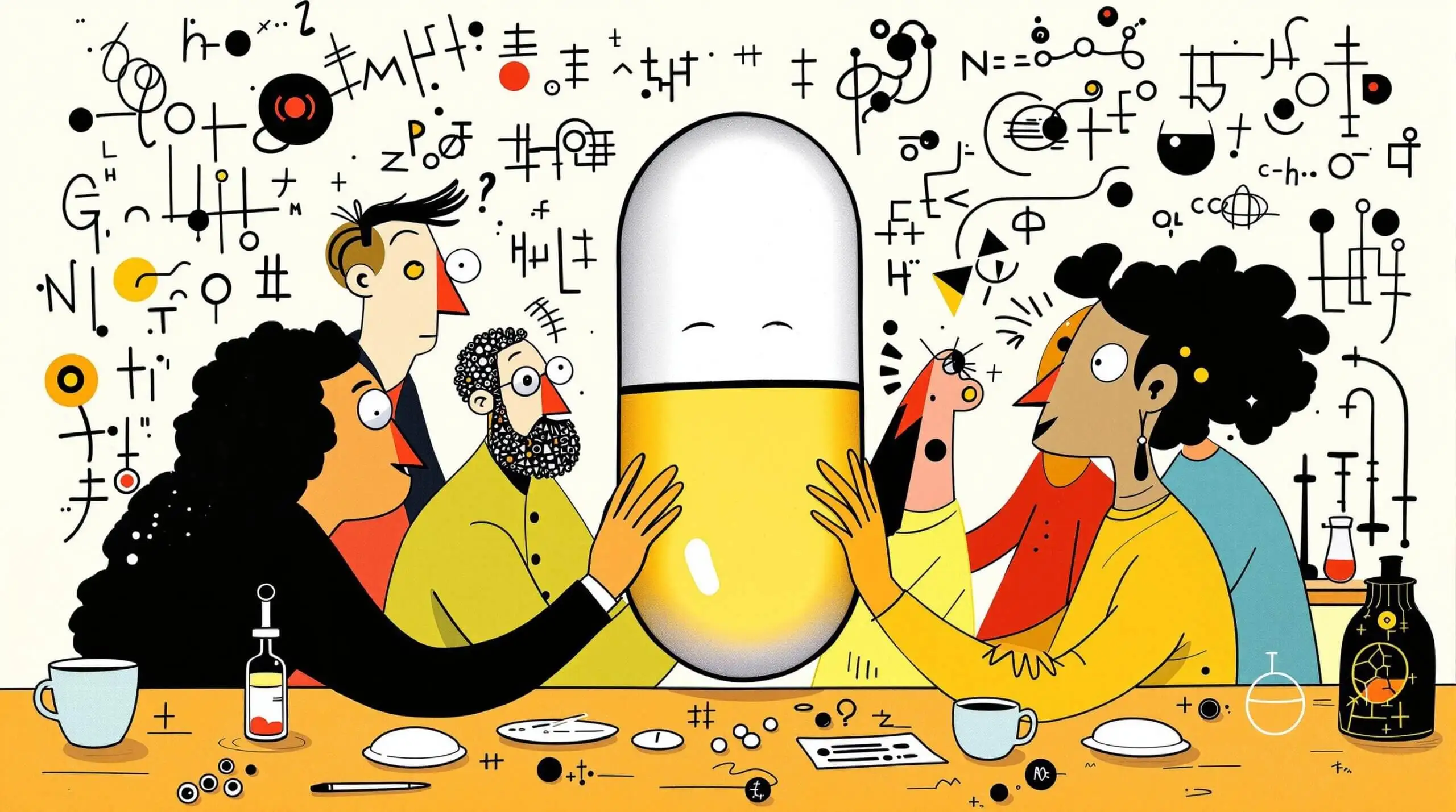 Scientists investigating a large anti-aging pill in a playful laboratory setting.
