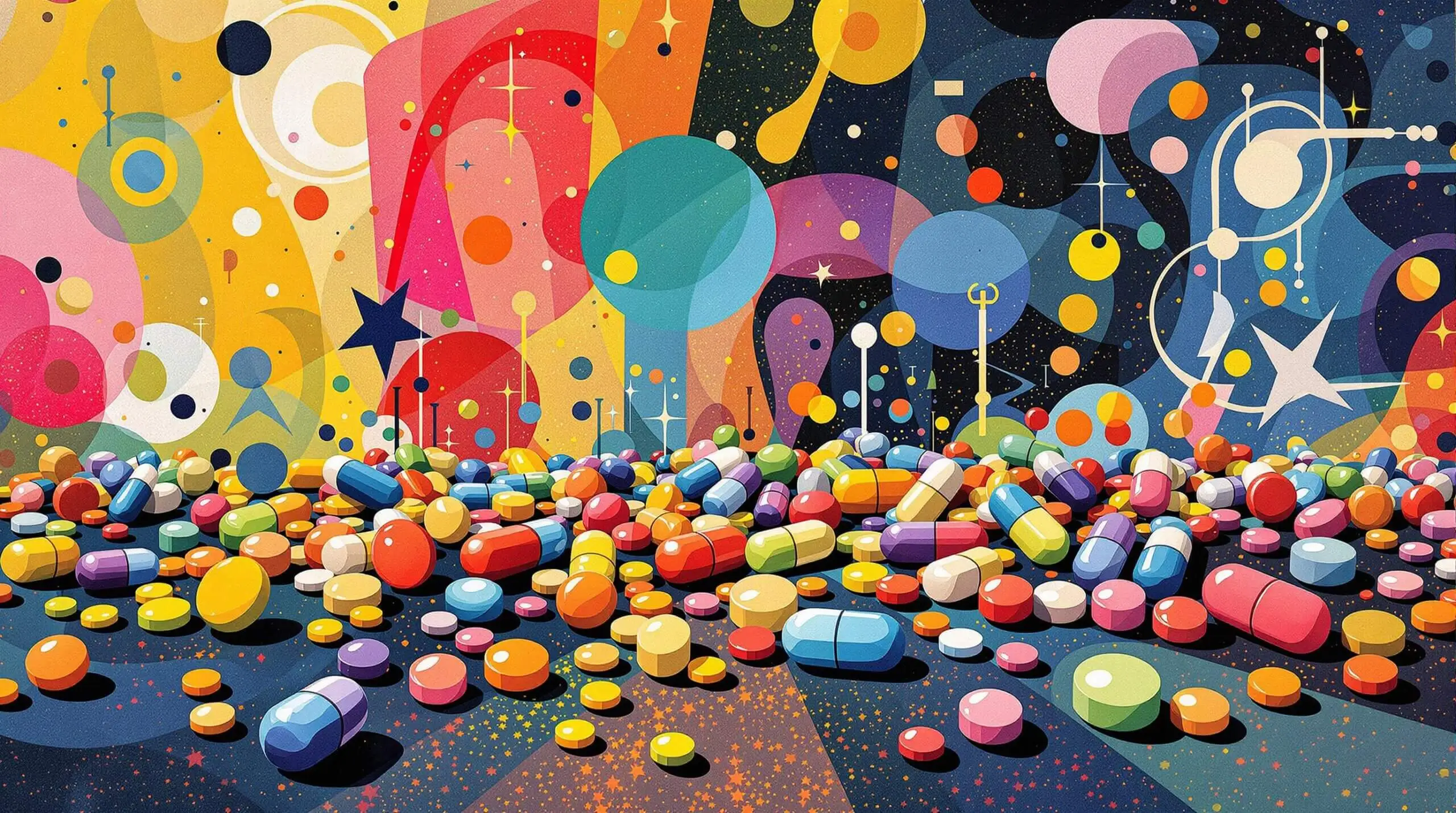 An artistic illustration of colorful pills on a vibrant abstract background.