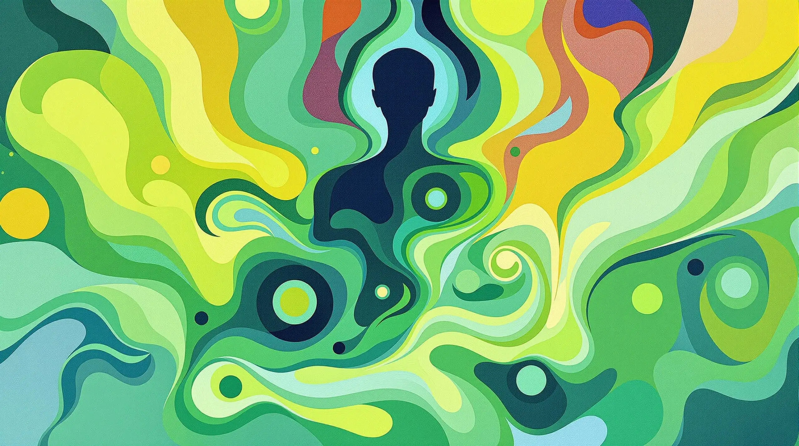 A soothing abstract artwork of a human figure amidst calming shapes, symbolizing reduced inflammation.