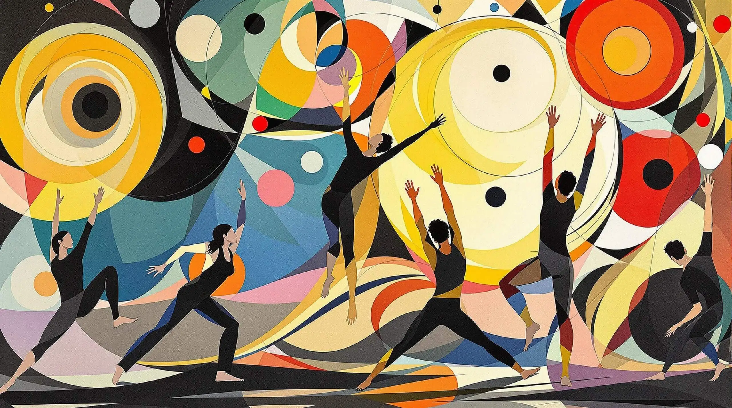 An abstract illustration of people dynamically stretching set against a backdrop of geometric patterns.