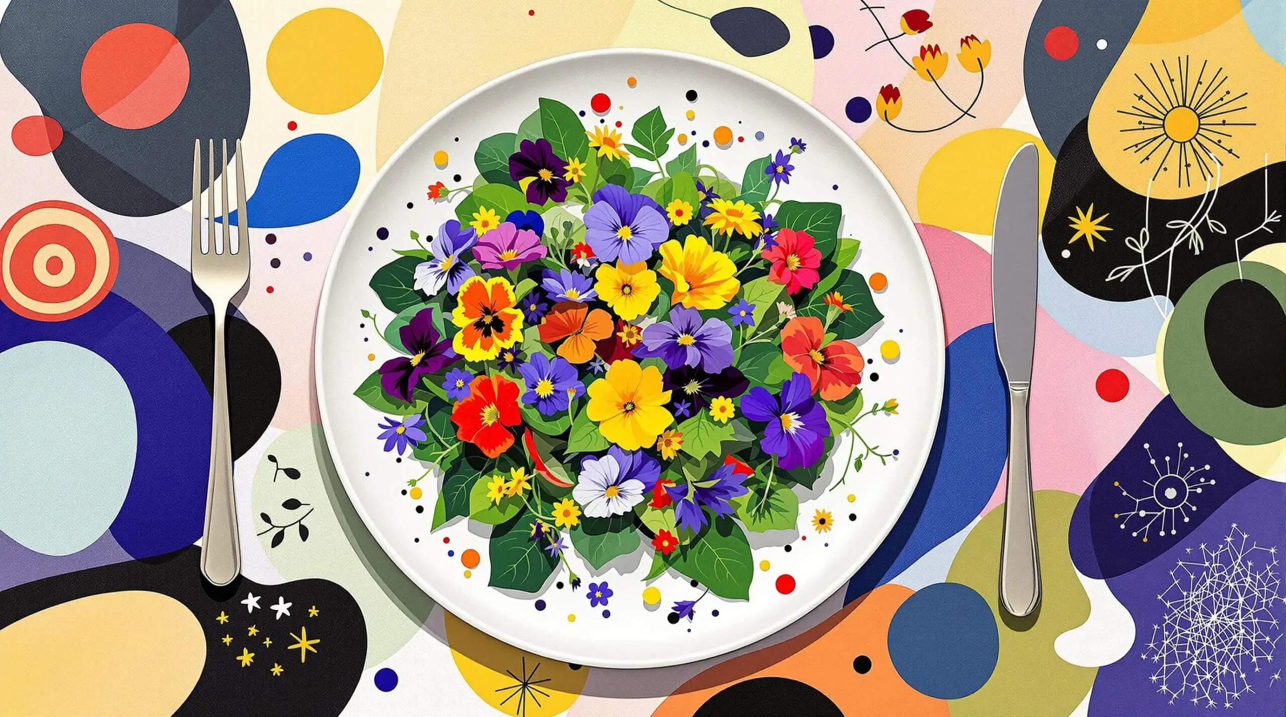 A salad with edible flowers on a plate surrounded by abstract patterns