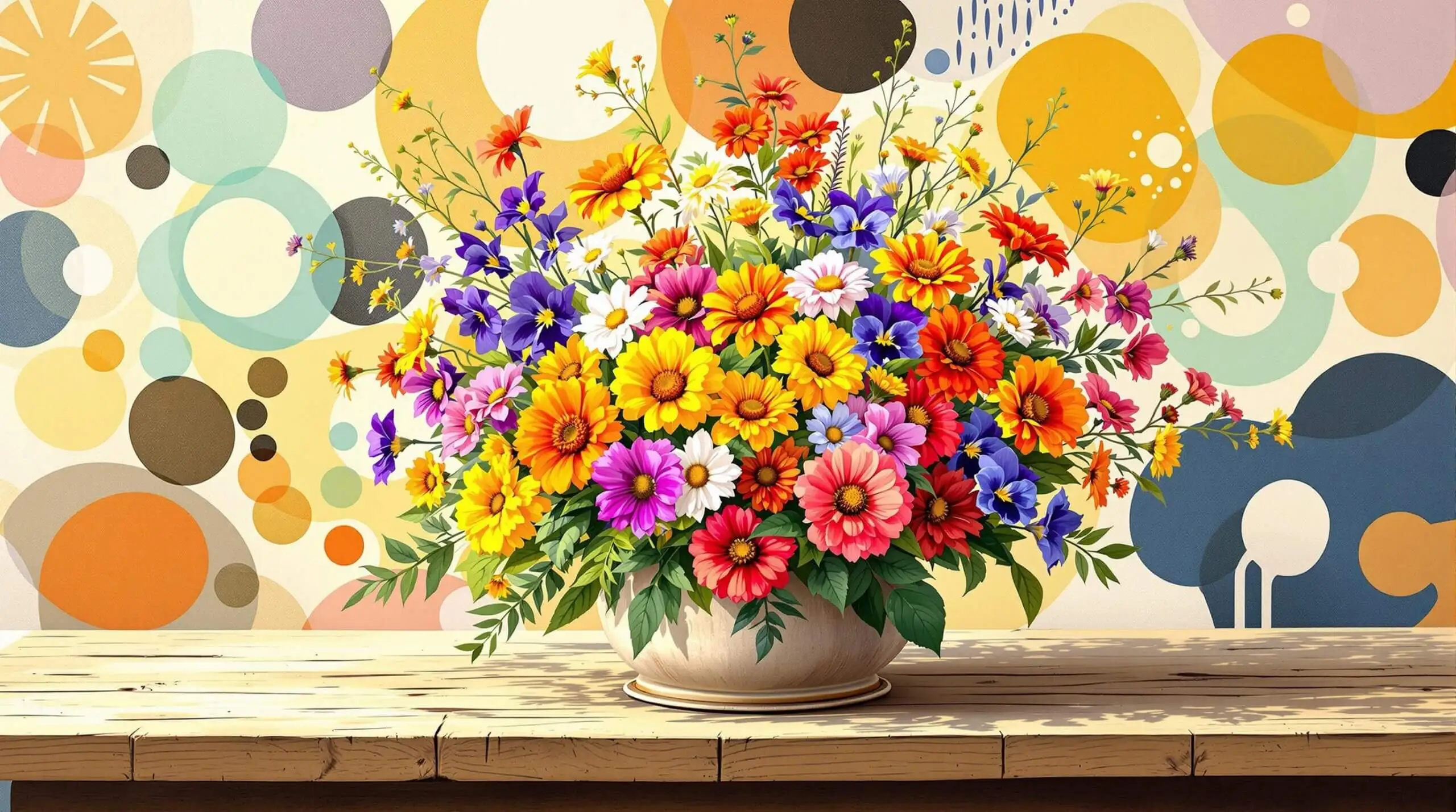 A bouquet of edible flowers on a wooden table with abstract pattern background