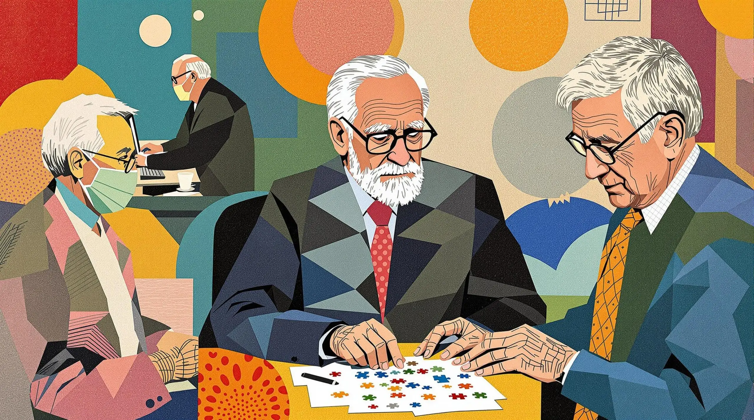 Older adults in various learning scenarios with abstract backgrounds.