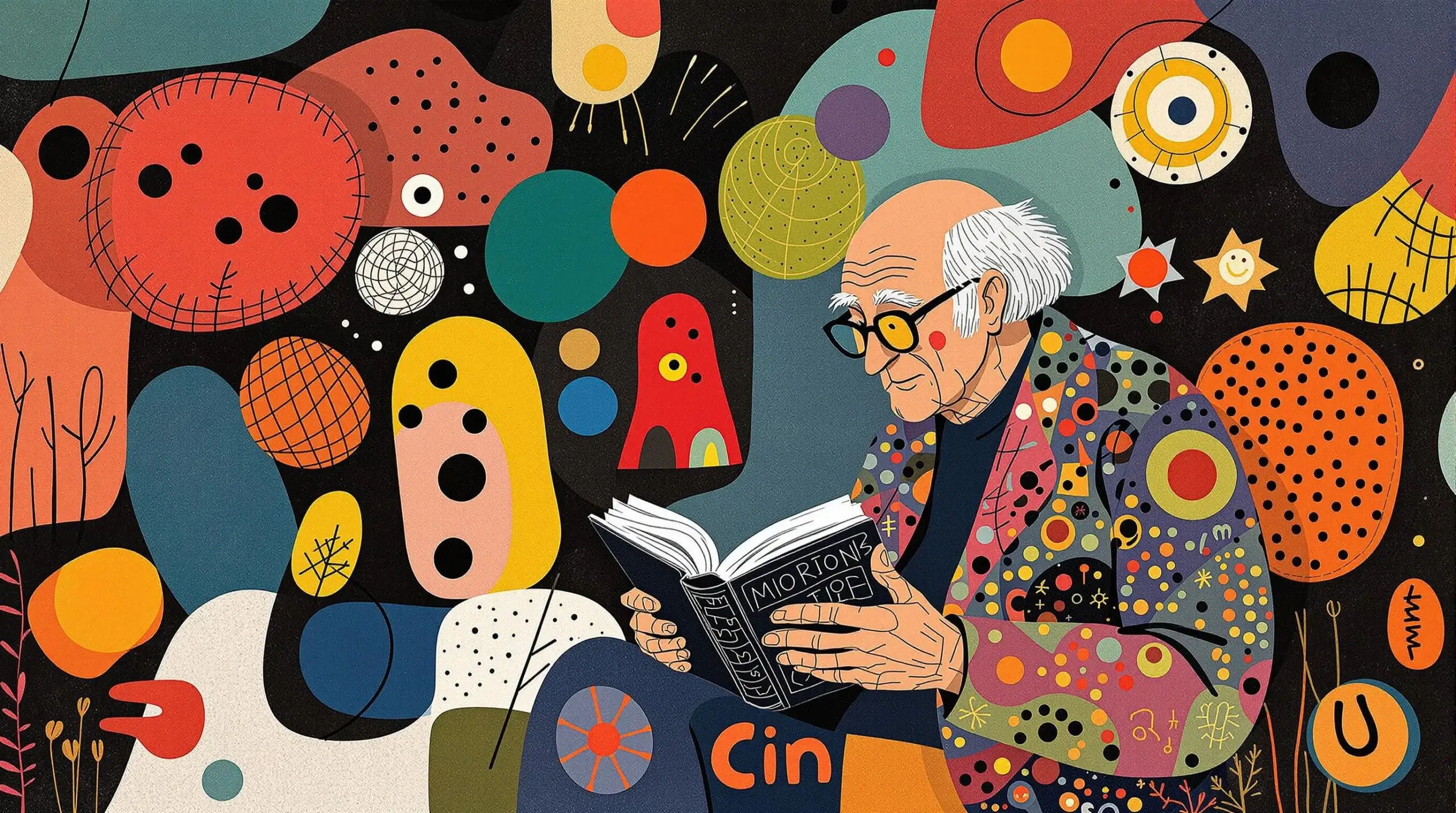 An elderly person reading a book amongst abstract colorful shapes.