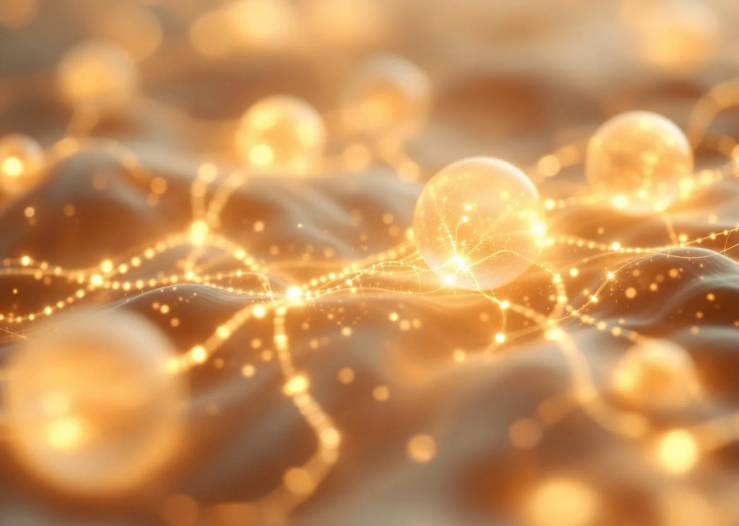 An abstract representation of glowing cellular structures and golden light networks symbolizing energy and vitality.