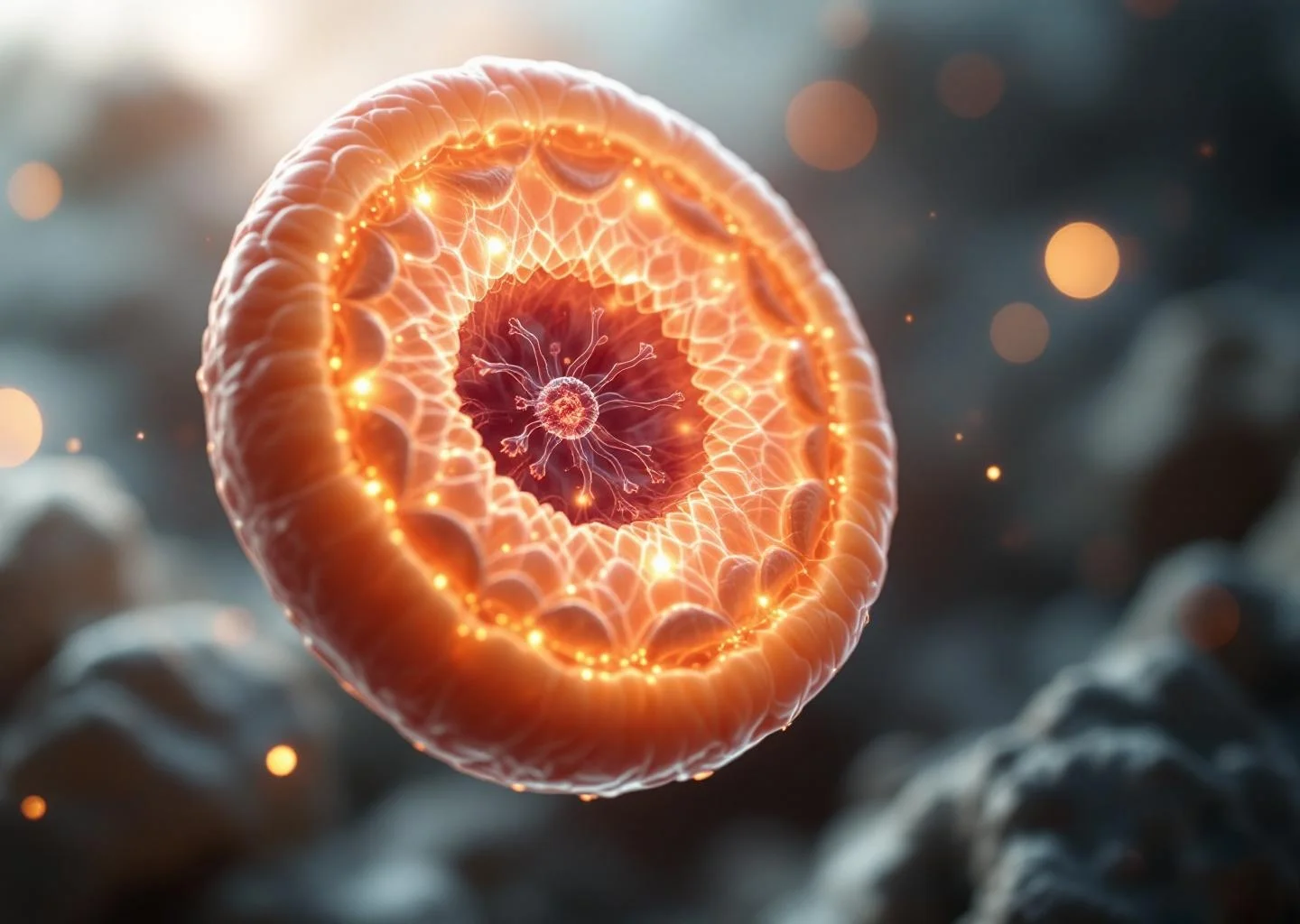 An abstract, artistic 3D visualization of glowing gold mitochondria representing cellular energy and vitality.