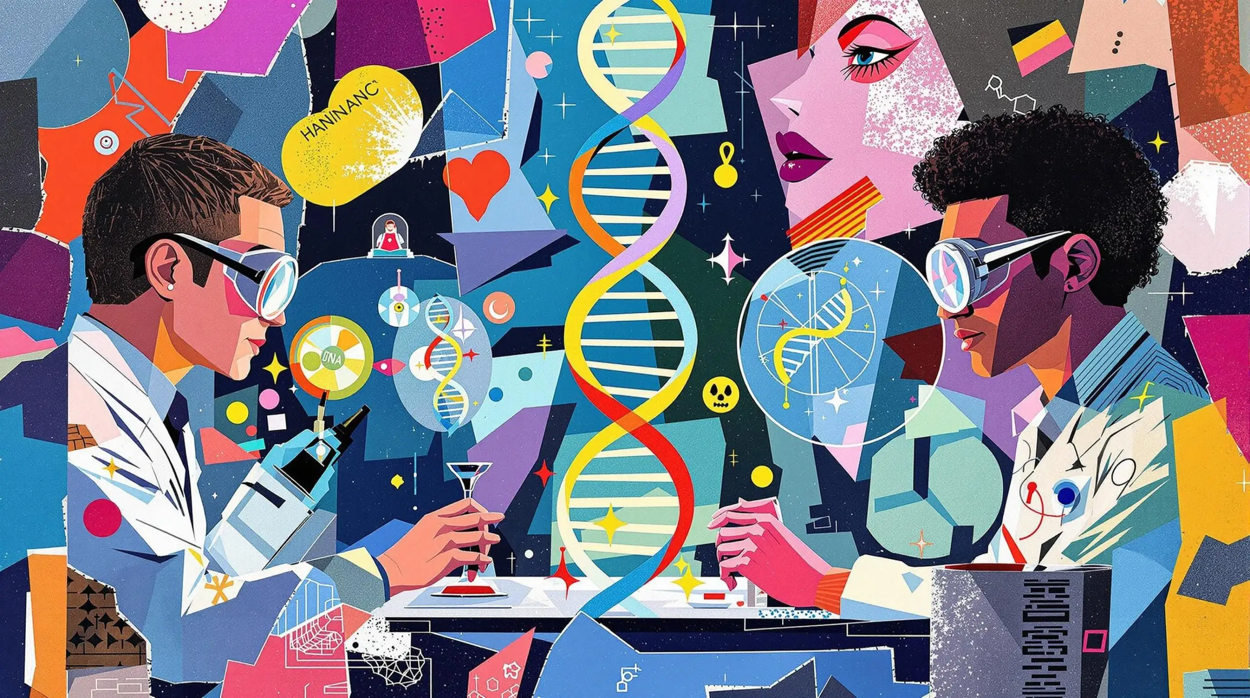 Collage illustration of scientists in a lab with DNA models and abstract patterns.