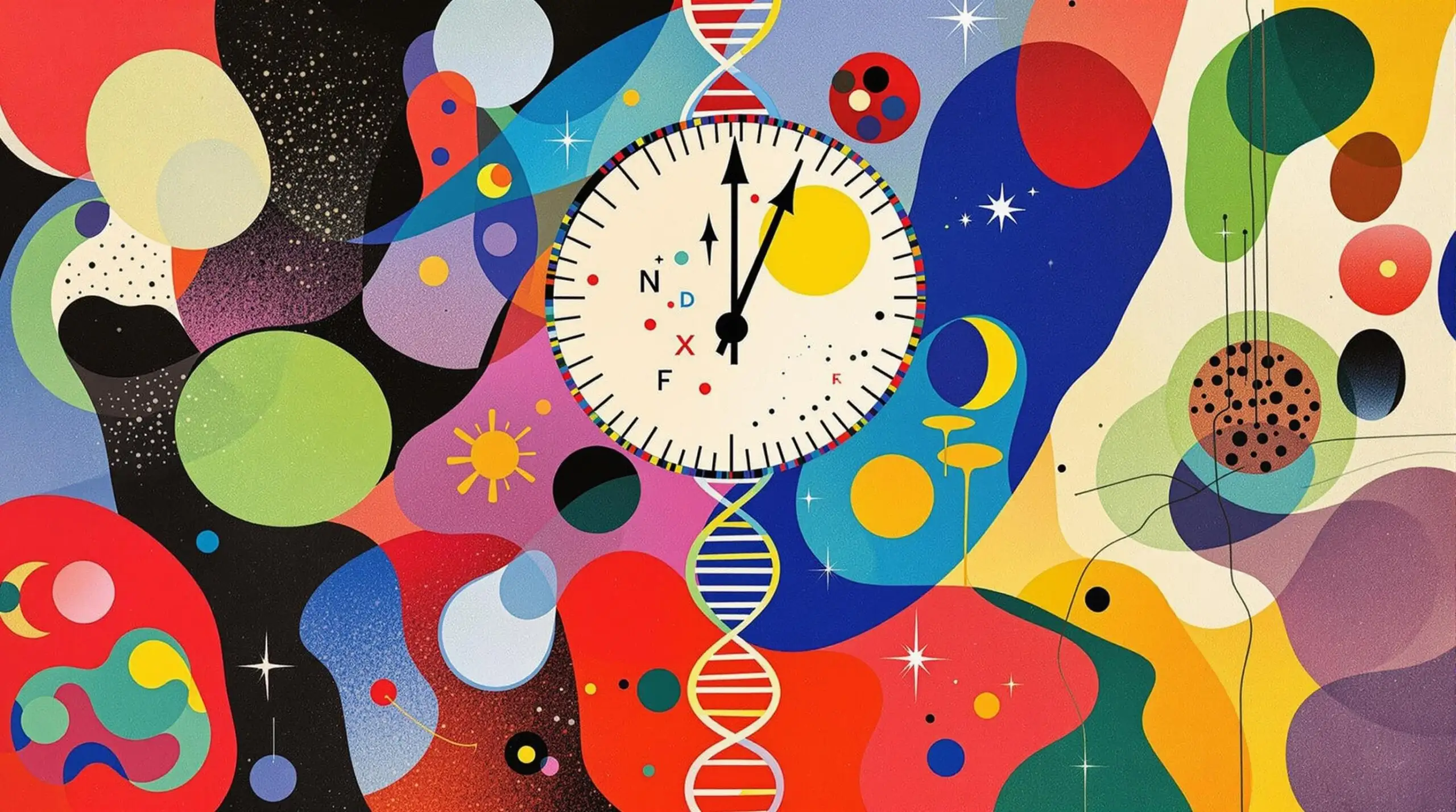 A colorful epigenetic clock illustration with DNA strands and abstract patterns.