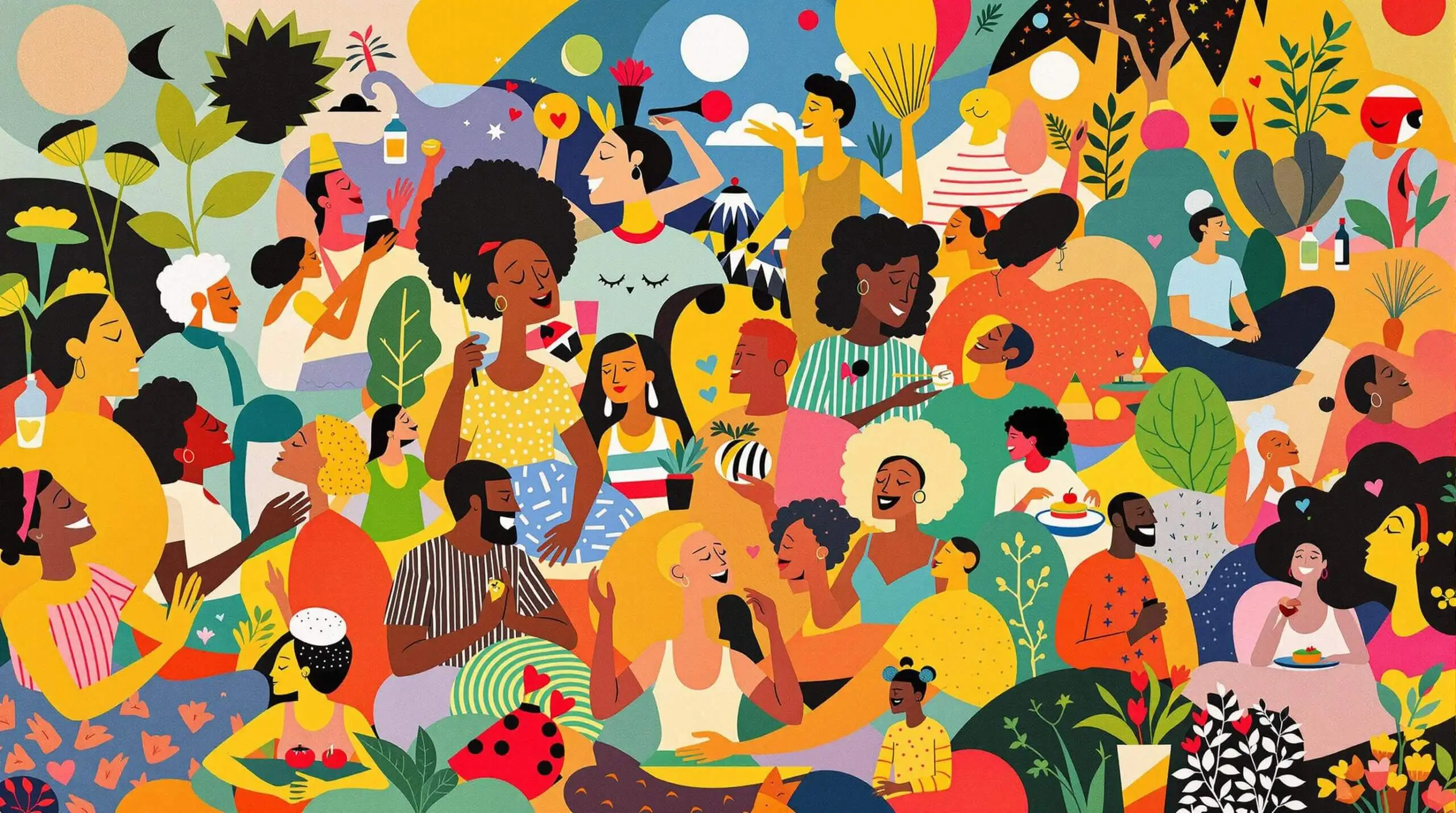 People in exaggerated forms engaging in various healthy activities in a collage illustration.