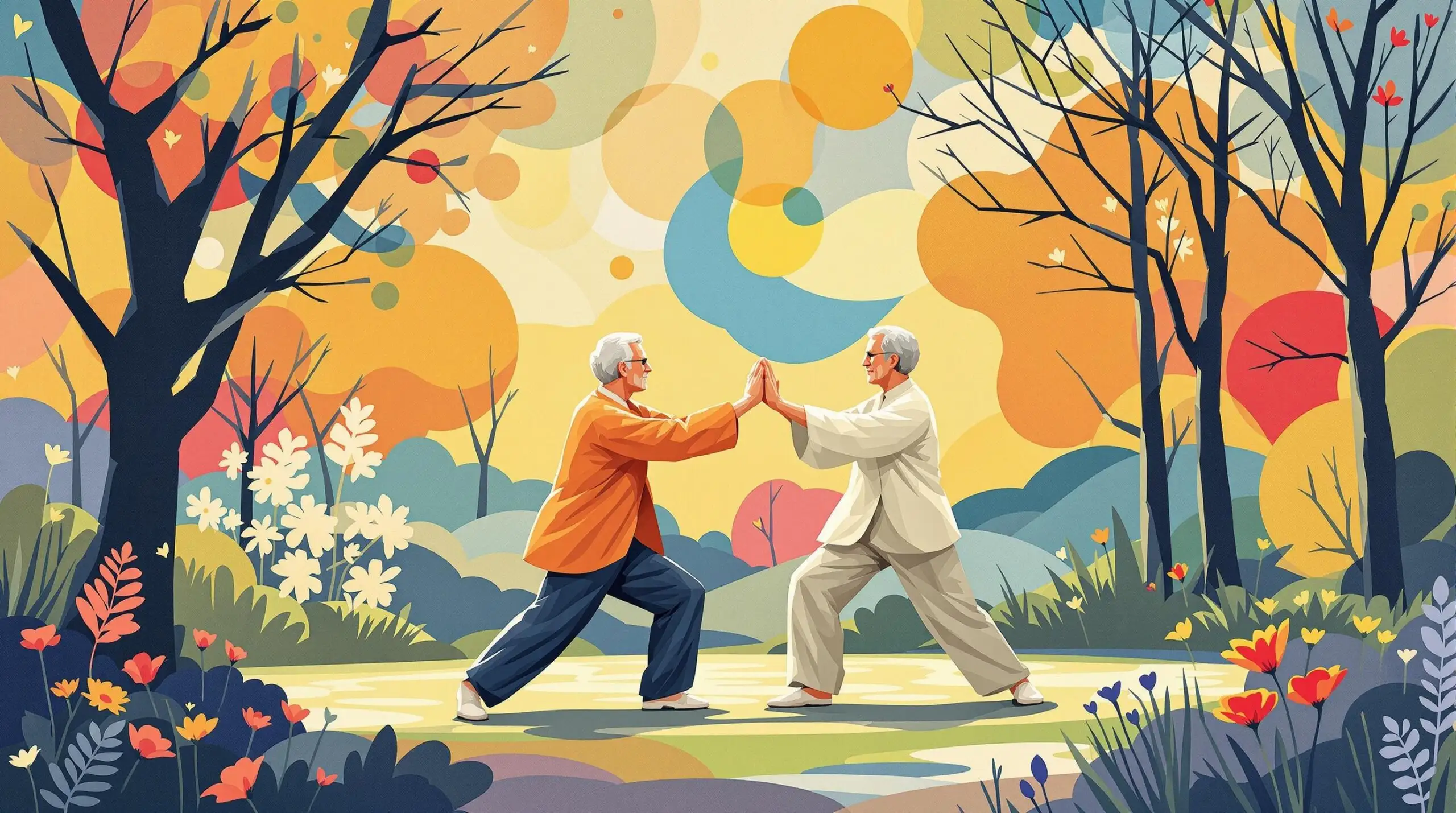 A couple practicing tai chi in a park with a background of abstract shapes and colors.