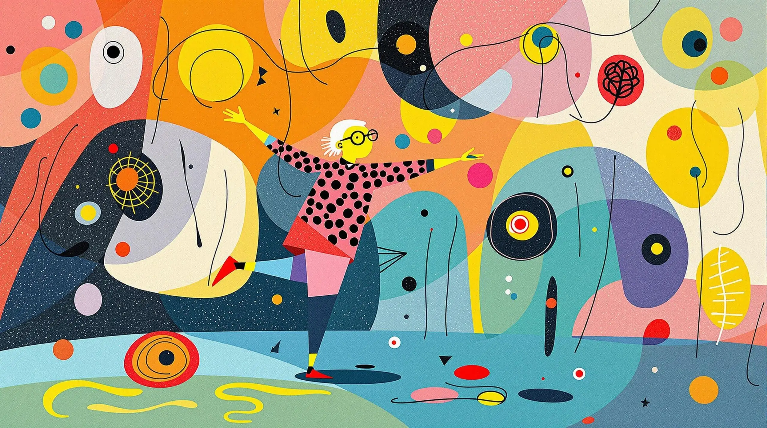 An elderly person practicing balance exercises amidst colorful, abstract shapes and patterns.