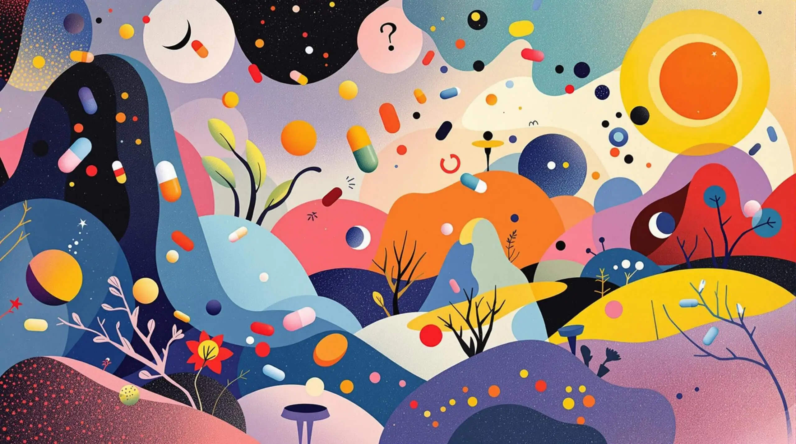 Abstract illustration with supplements in a colorful surreal landscape by Joan Miró.