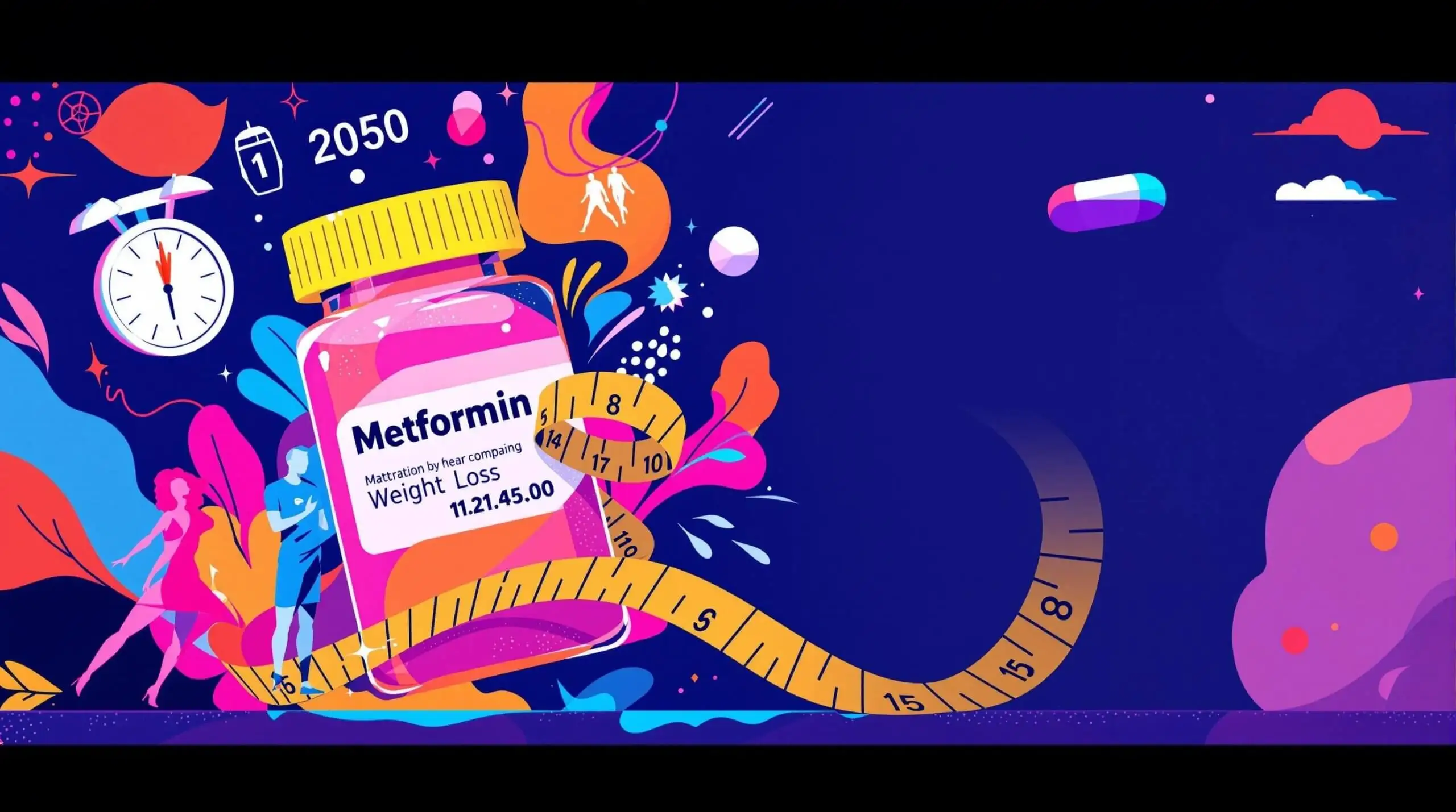 An illustration showing a Metformin pill with weight loss symbols.