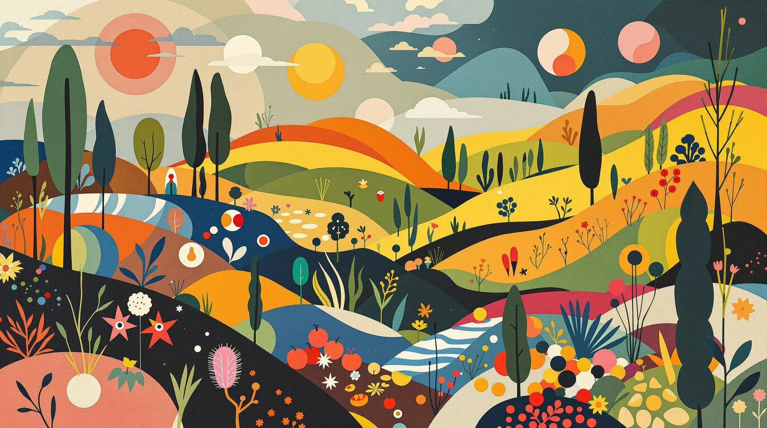 Abstract art with geometric shapes representing food, nature, and longevity