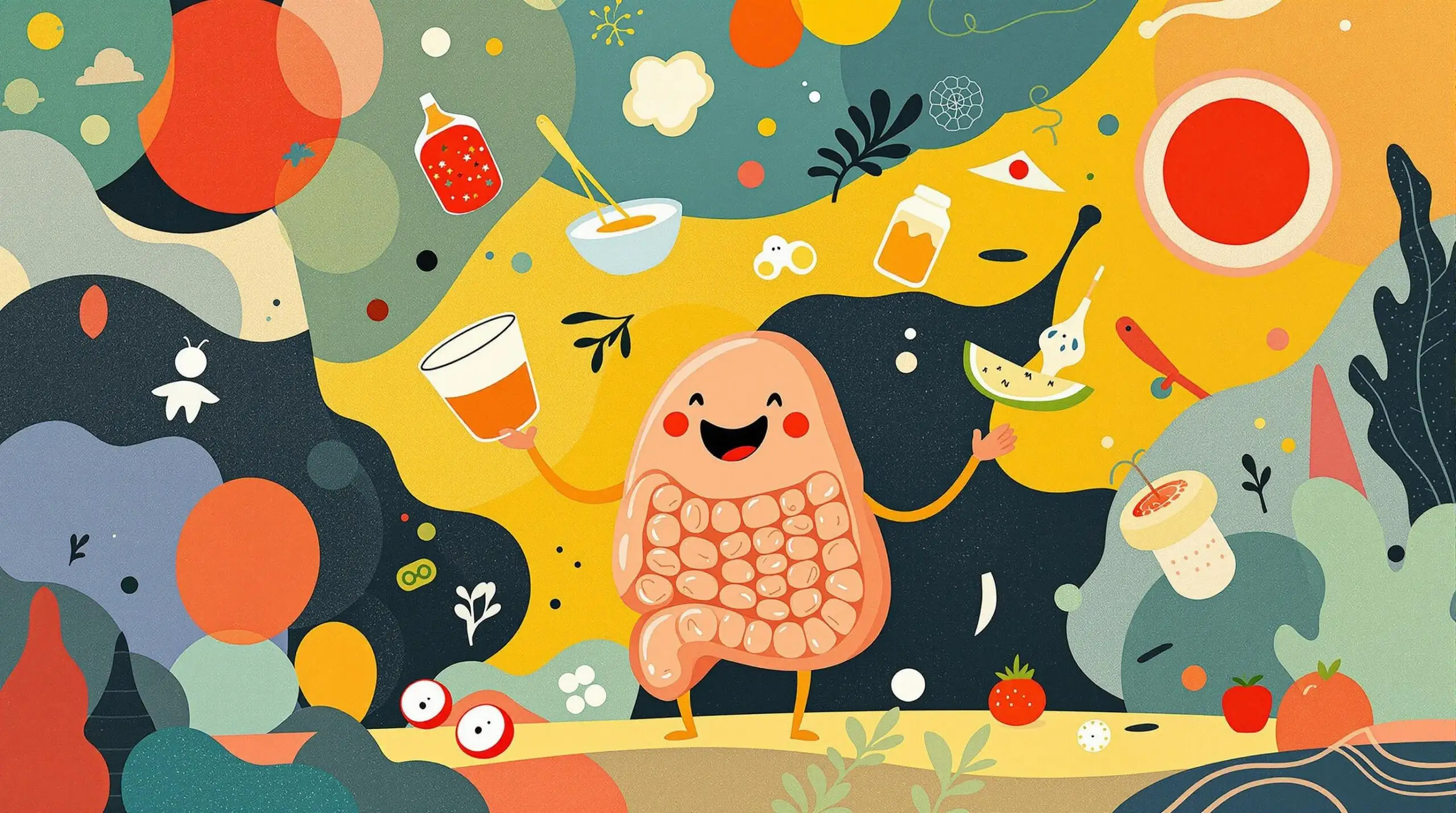 Happy gut character juggling fermented foods in an abstract background