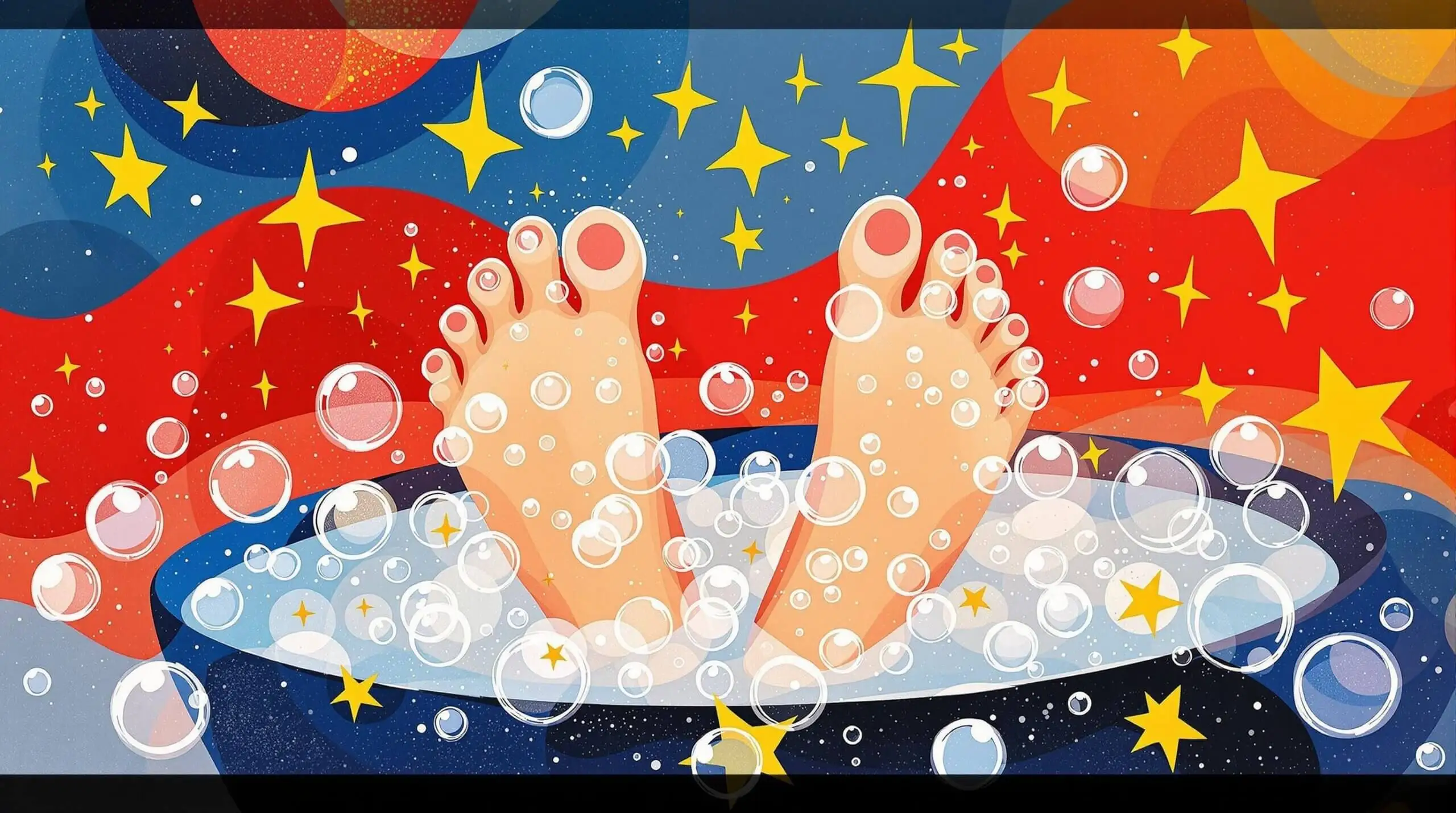 Illustration showing an abstract foot pampering scene inspired by artistic styles.