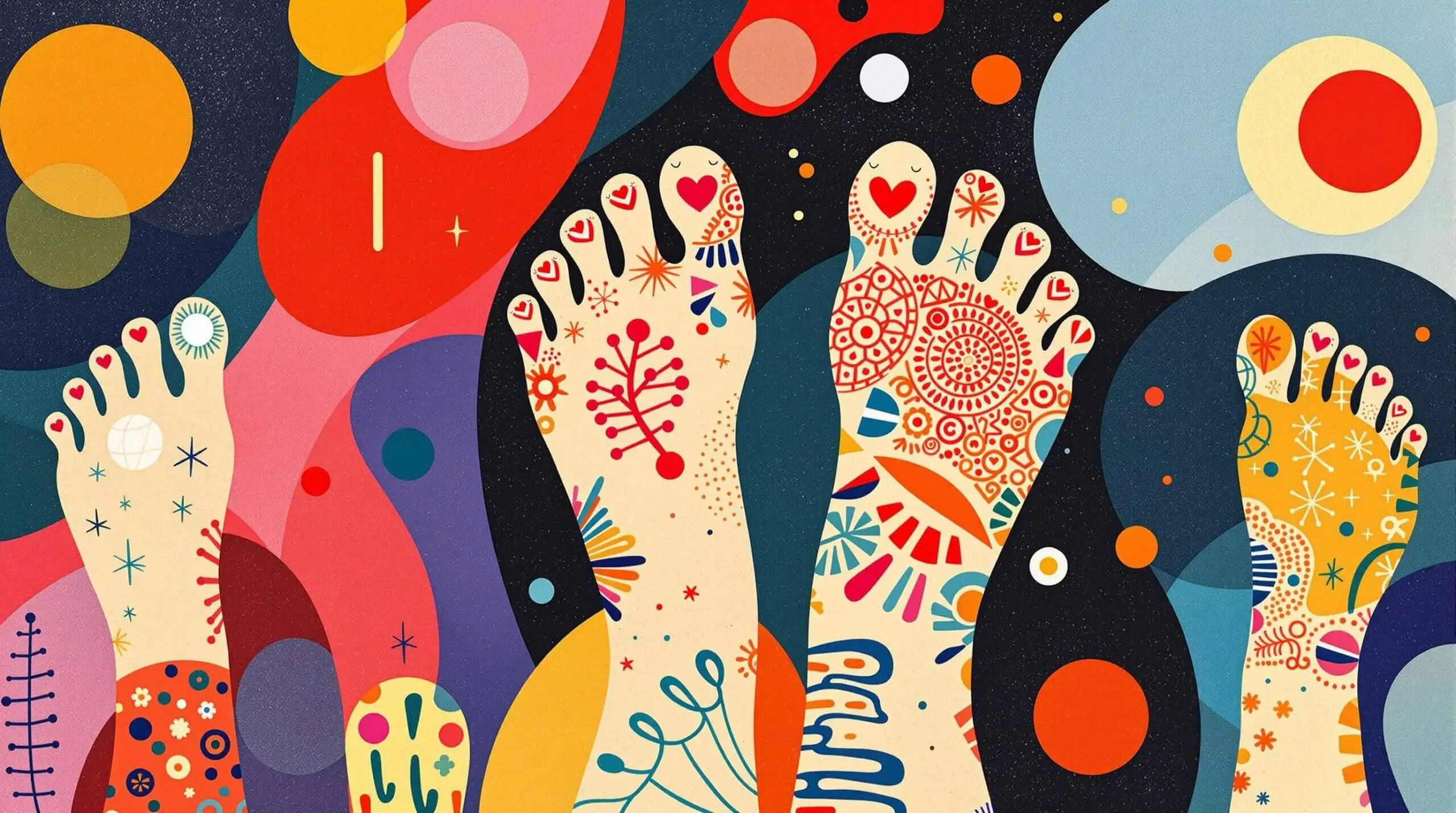 Illustration of vibrant and happy feet surrounded by abstract shapes and vivid colors