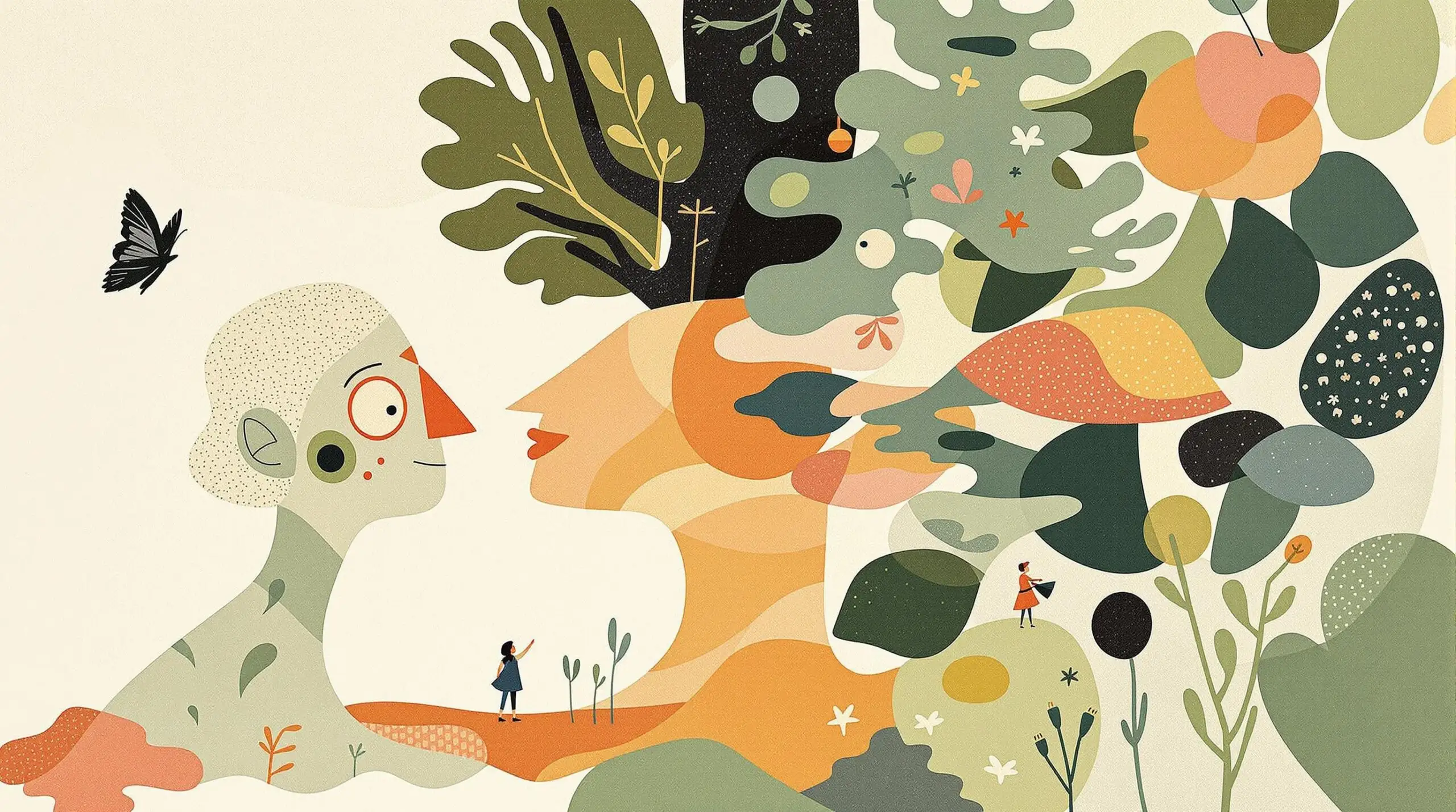 An older person transforming to a younger self amidst abstract forest motifs.