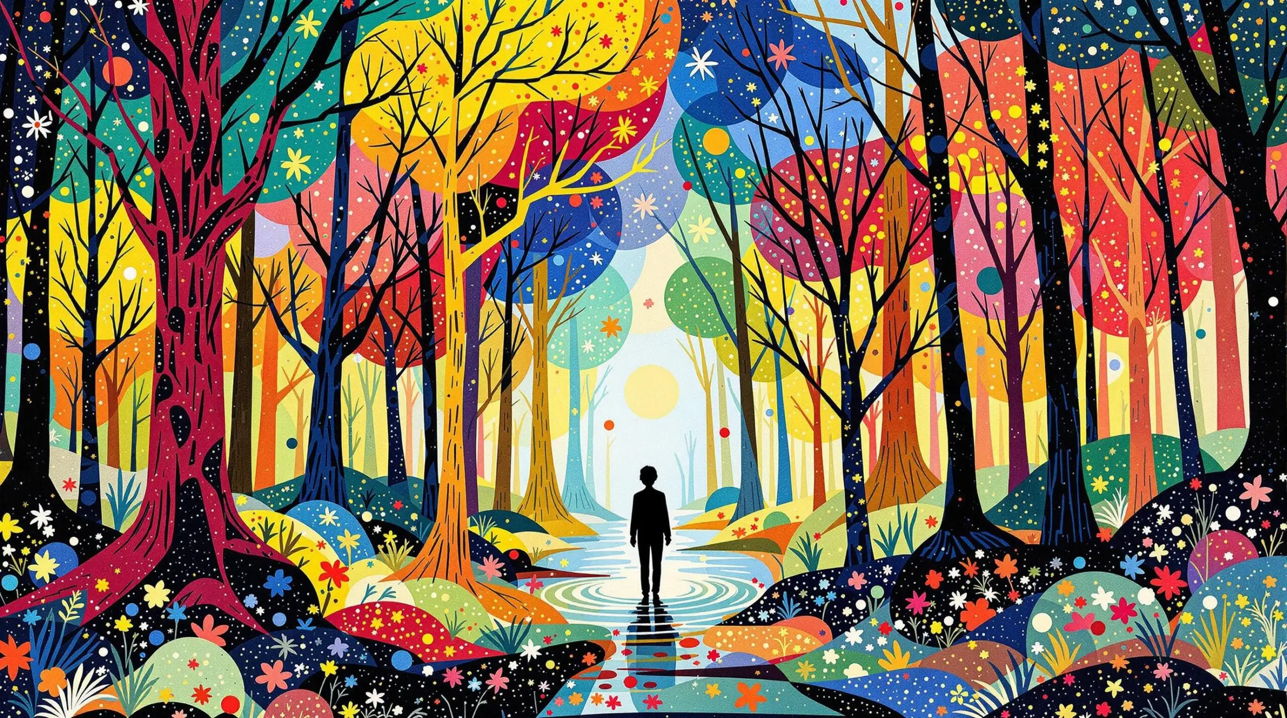 A person walking calmly in a vibrant forest surrounded by abstract patterns.