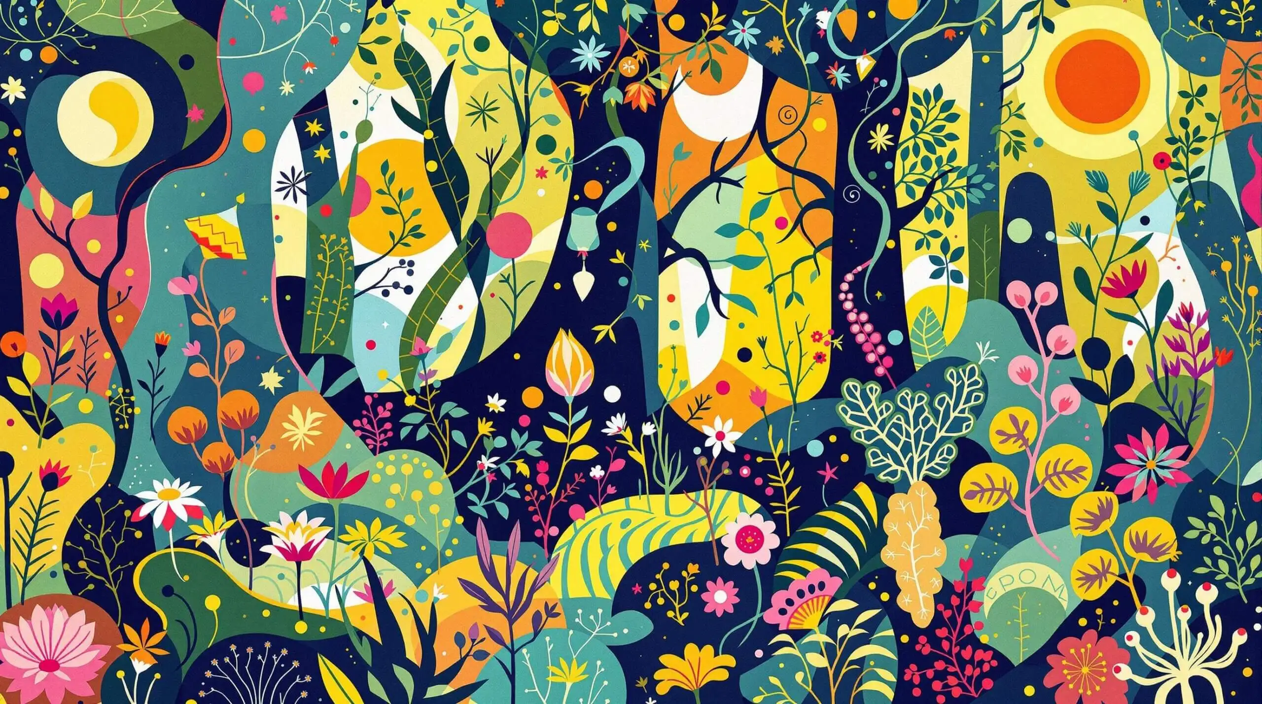 A colorful and lively Kandinsky-style illustration of a forest filled with wild herbs.