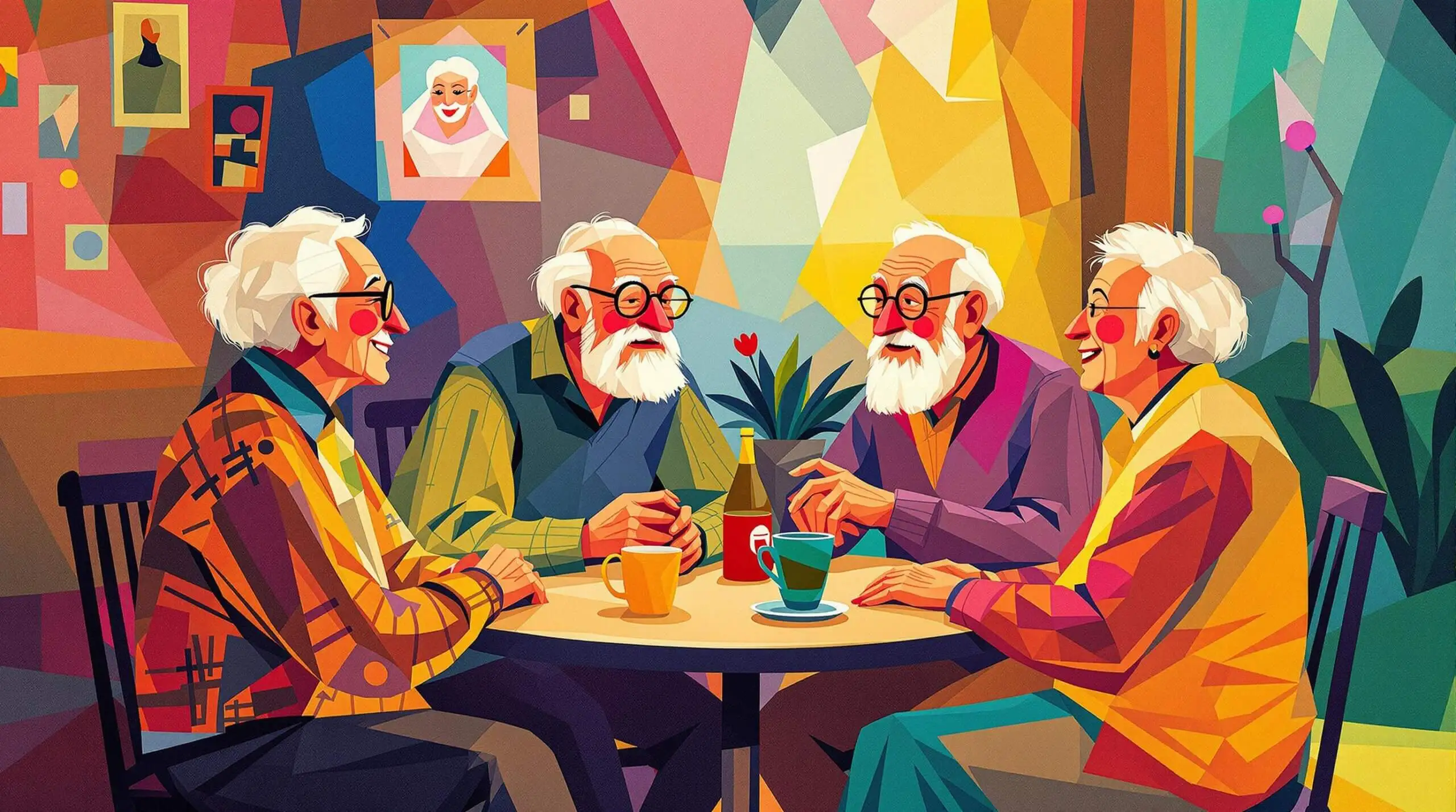 Illustration of elderly friends in a cafe with vibrant colors and abstract patterns.