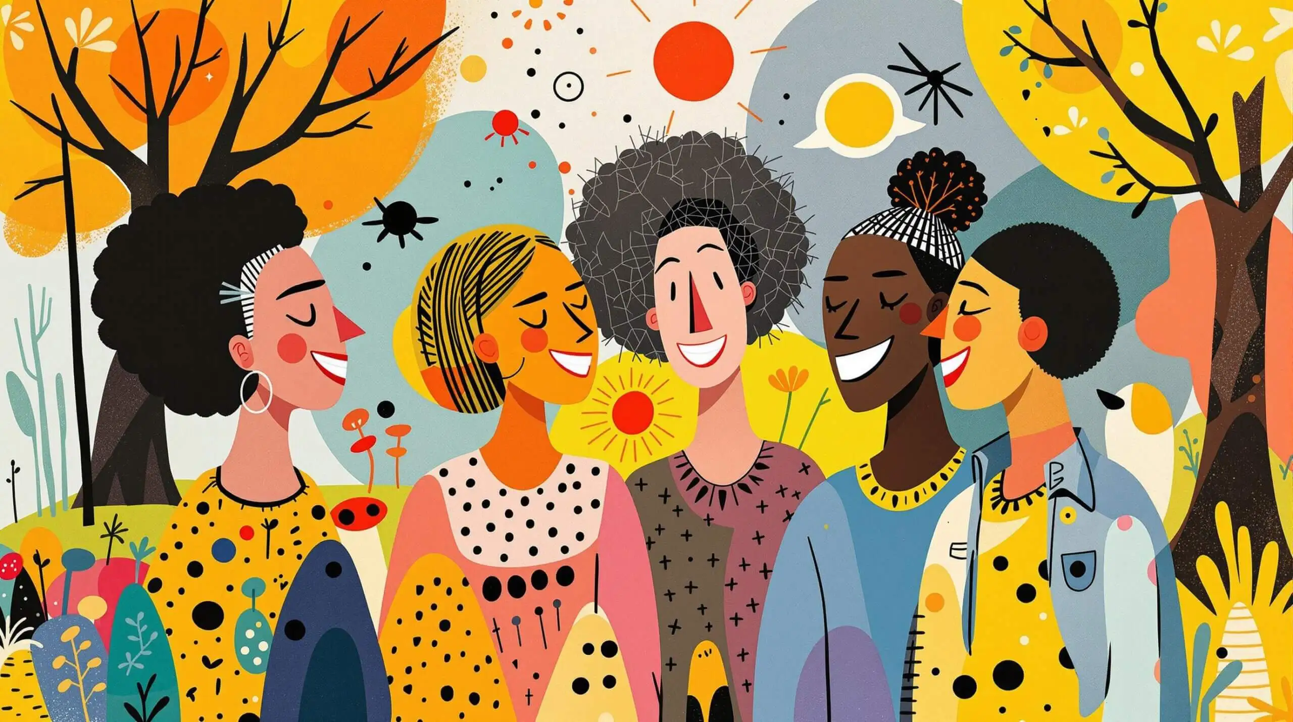 Illustration of diverse groups in a park enjoying the outdoors with abstract patterns.