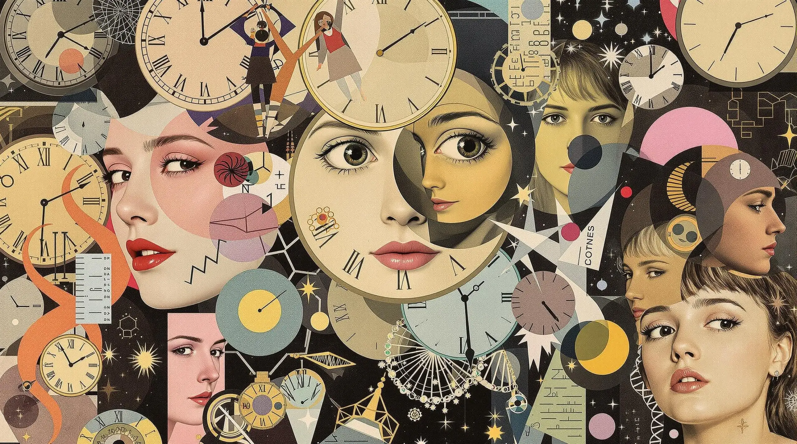 A collage of clocks, DNA, and youthful faces hinting at gene editing and aging.