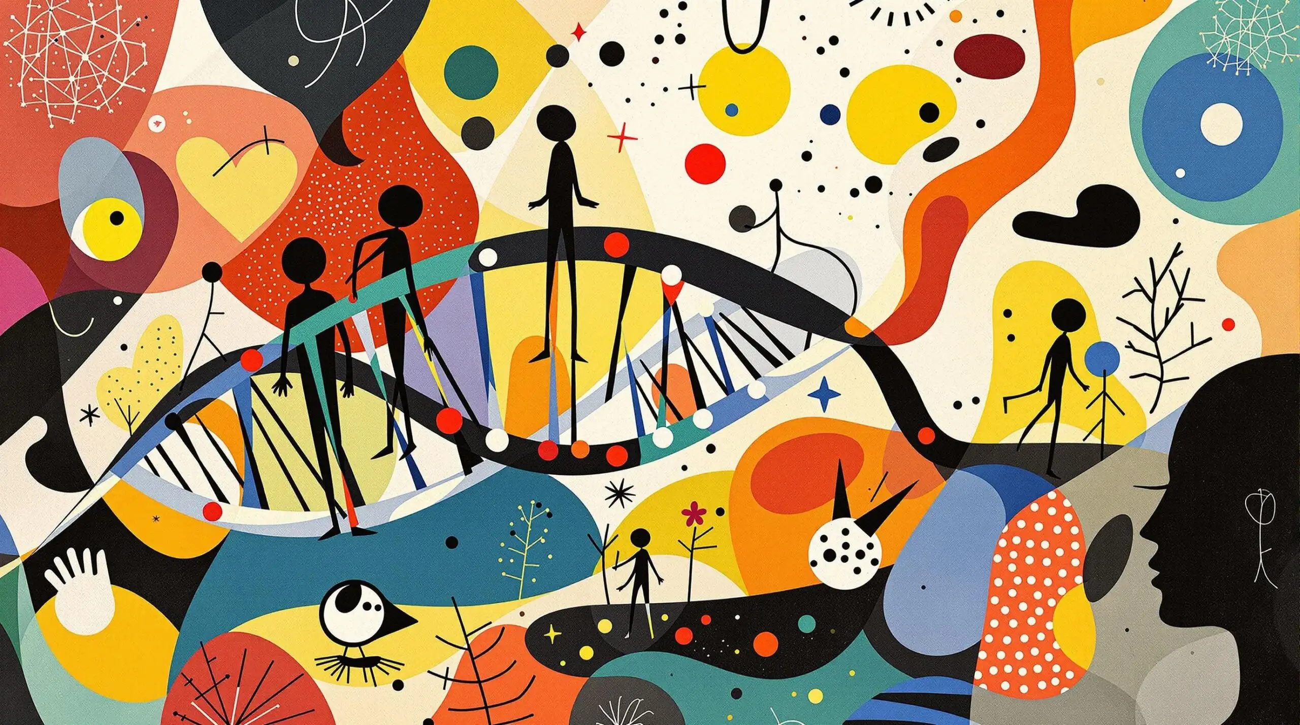 Colorful illustration of DNA and human forms representing gene editing.