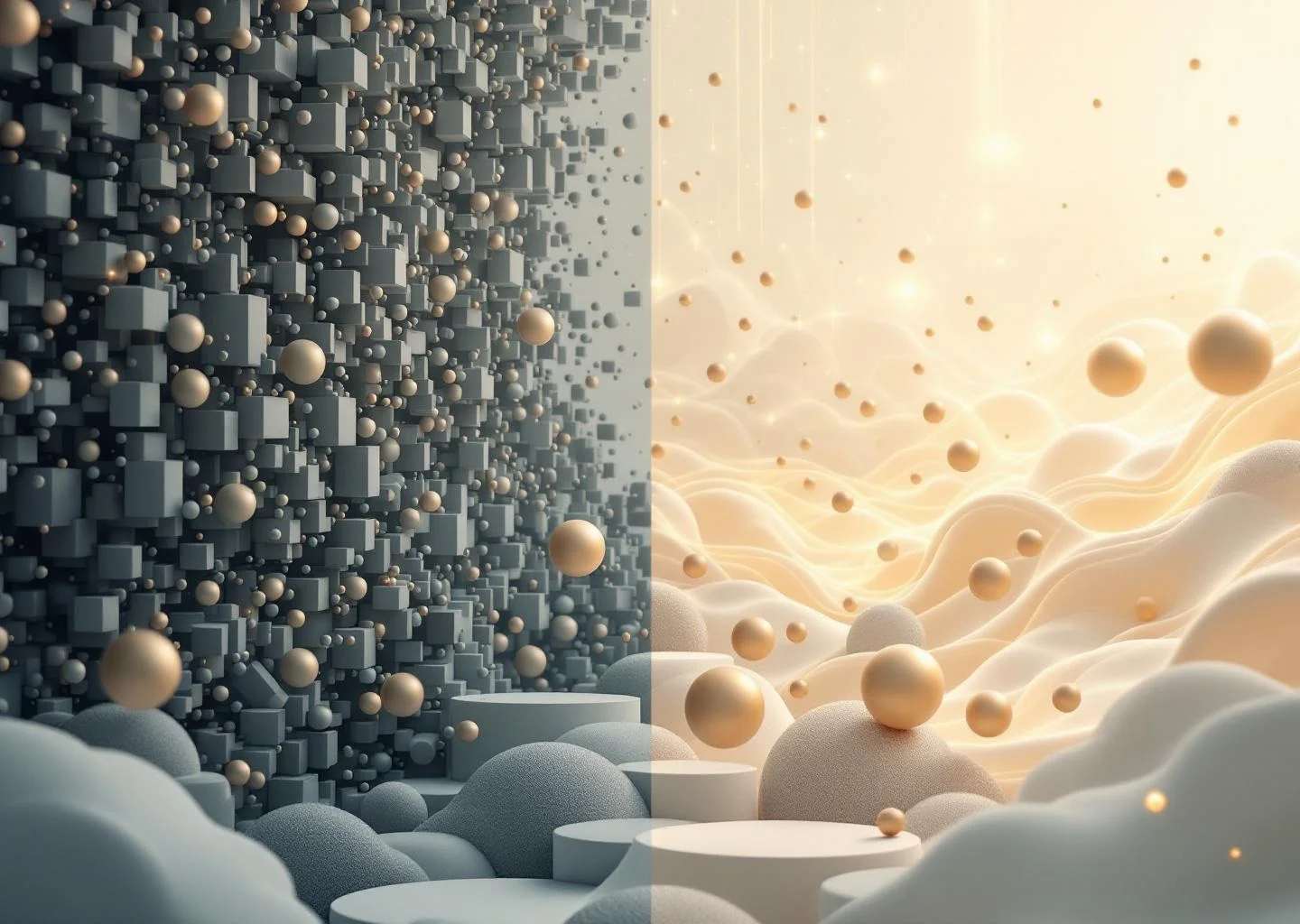 An abstract conceptual image showing a dark, cluttered geometric cluster transitioning into an expansive, bright, and airy landscape of golden light, representing the shift from reactive to proactive health.