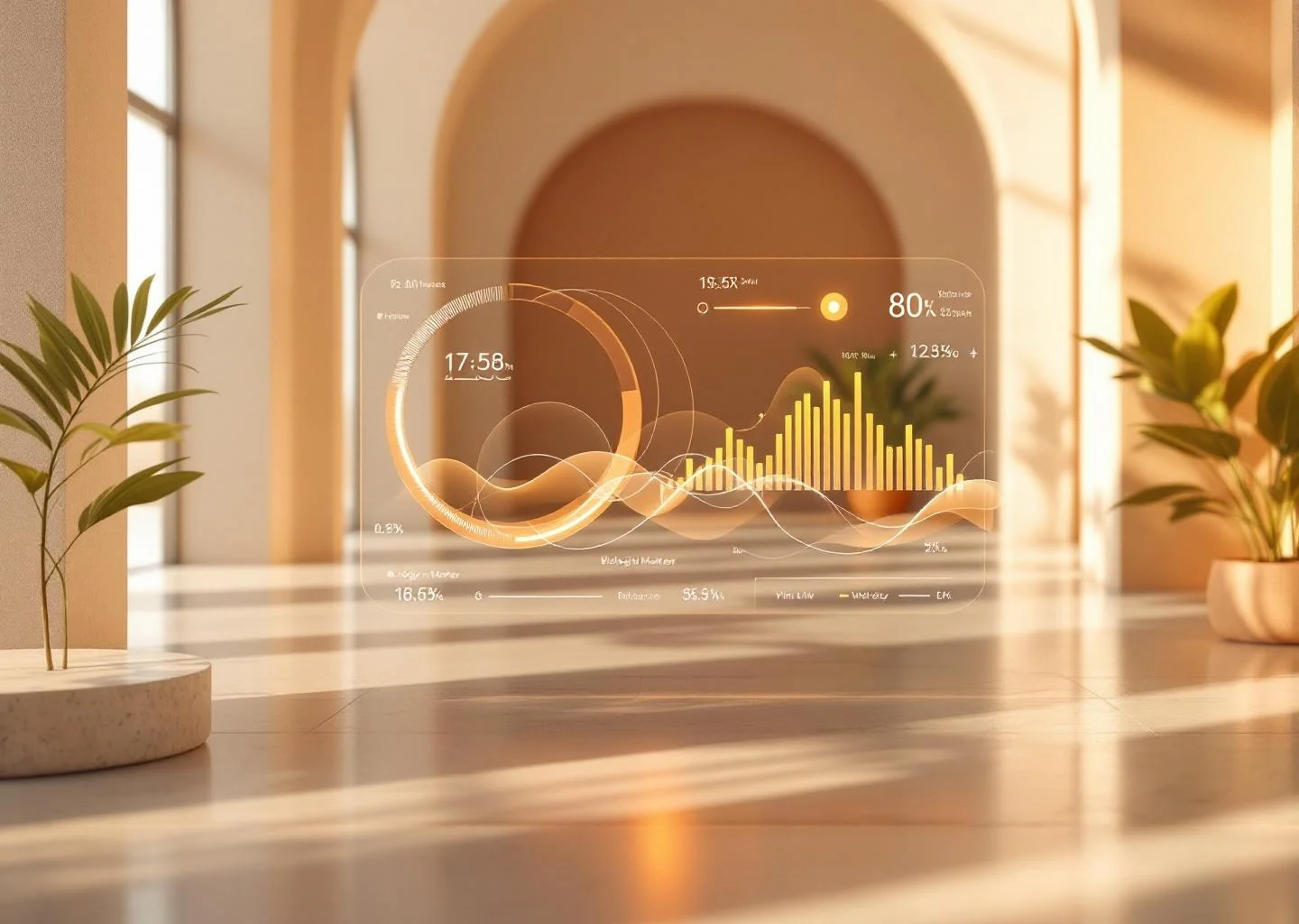 An abstract digital dashboard showing glowing, circular metrics and biological data charts in soft, warm tones, symbolizing health and longevity tracking in a modern, professional setting.