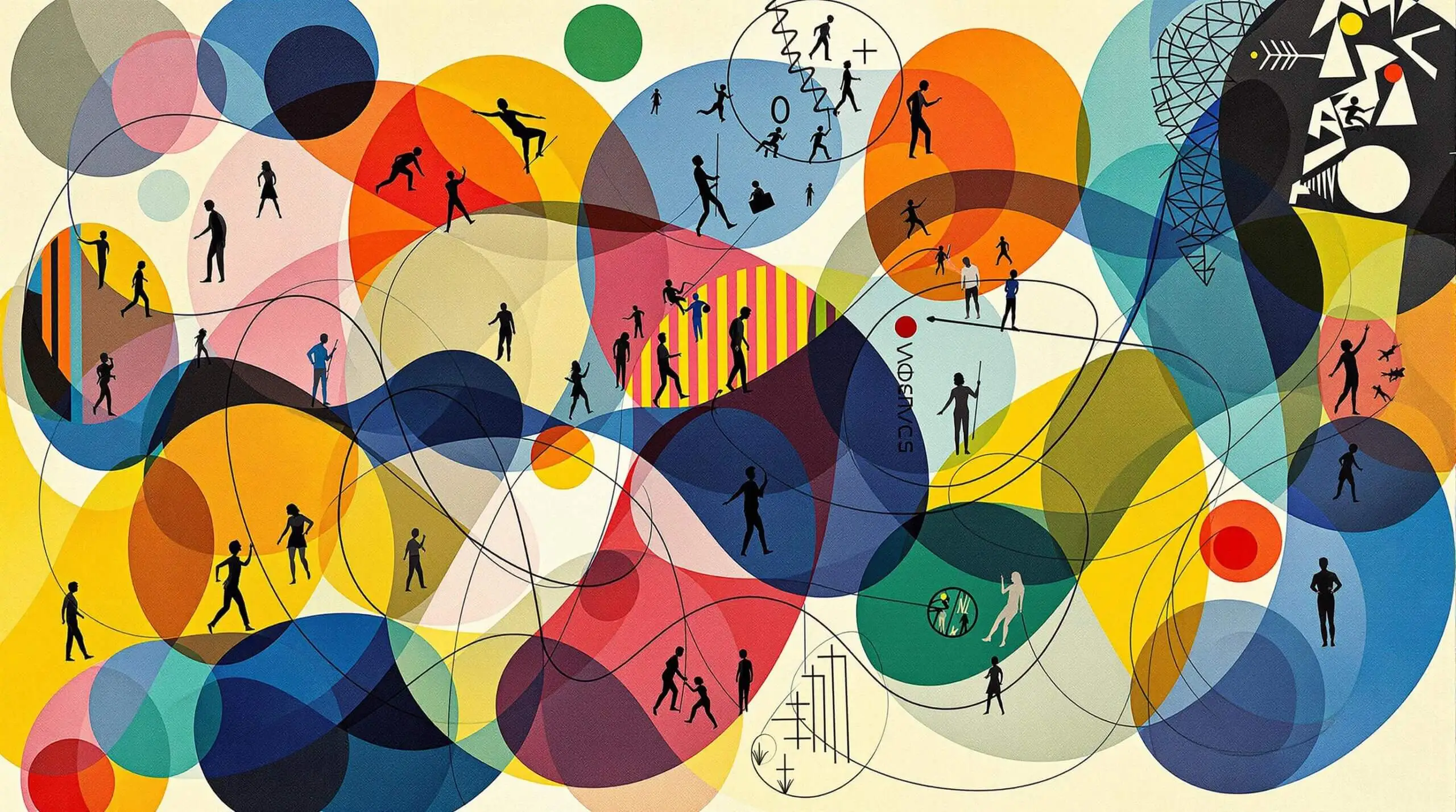 Abstract art with shapes representing active lifestyle and genetics intertwined.