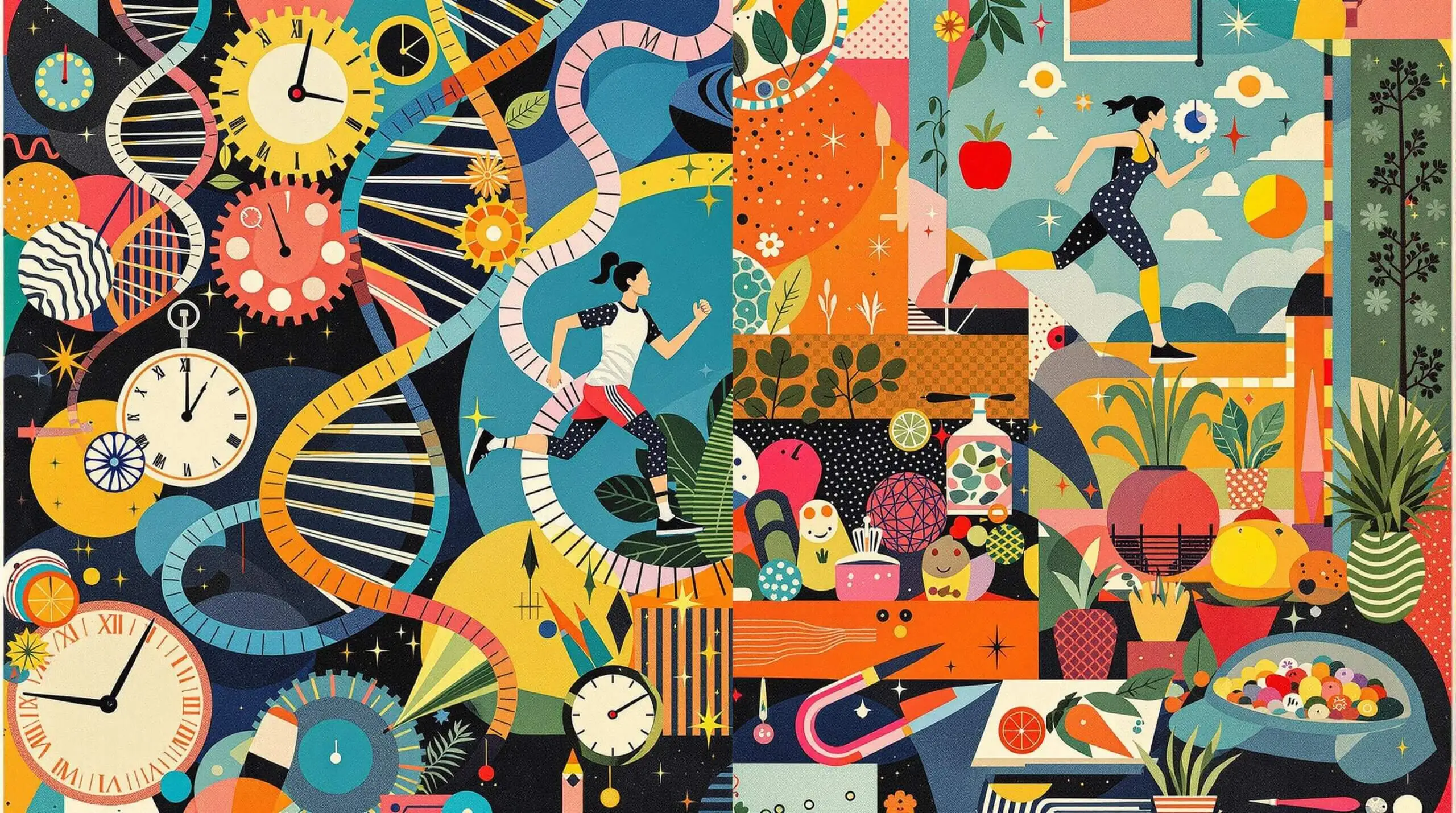 A collage illustration of DNA strands and lifestyle elements like jogging and healthy foods.