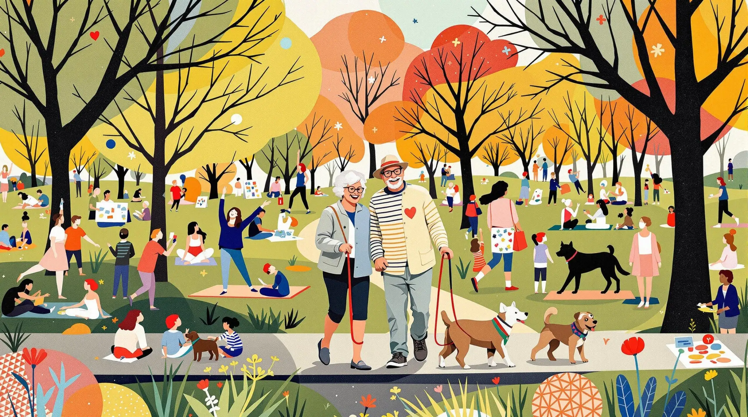 A vibrant collage illustration showing an elderly couple with dogs and people of all ages volunteering in a colorful park setting.