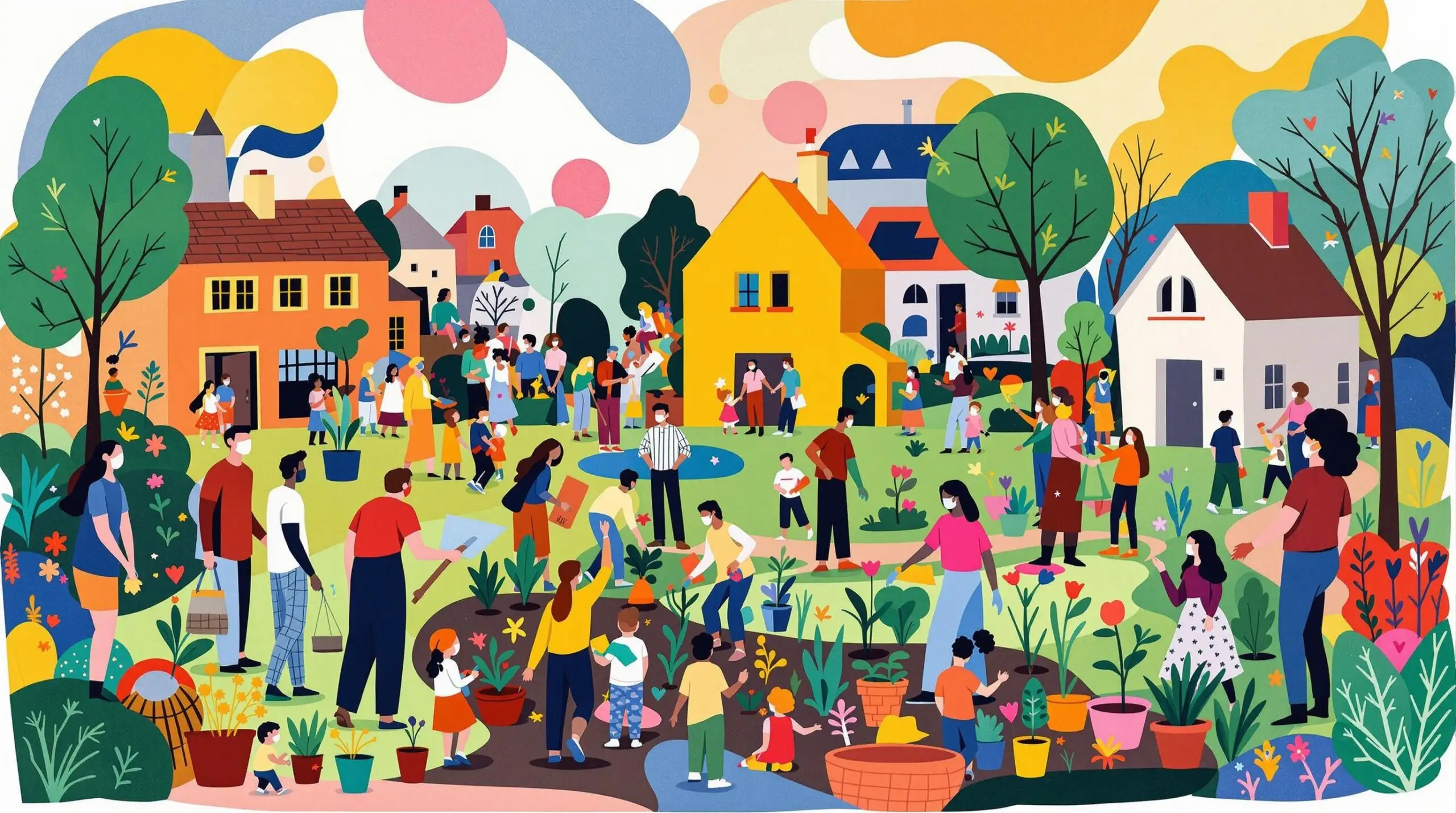 A vibrant artistic illustration depicting people of different ages volunteering in various activities against a brightly colored abstract background.