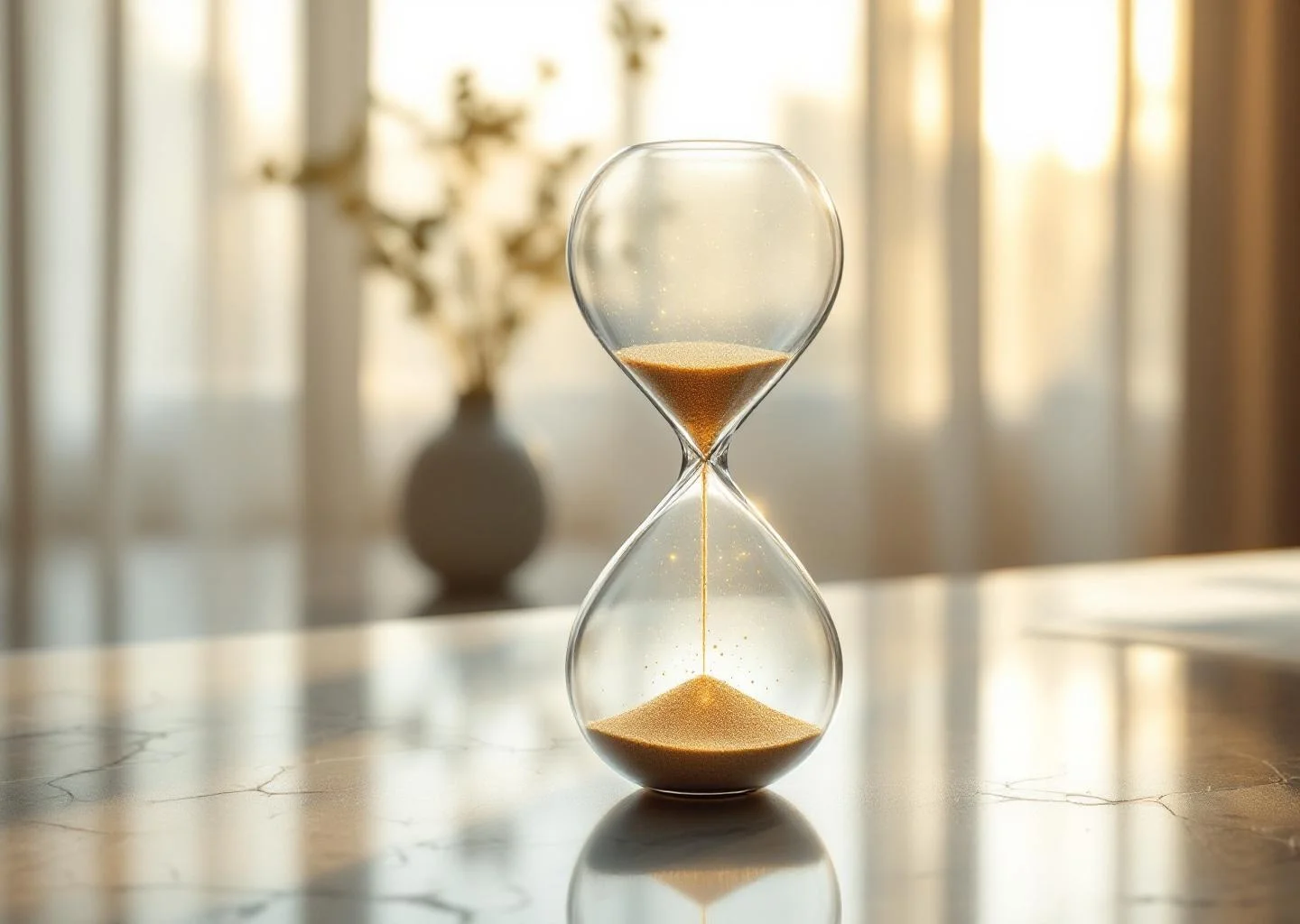 A minimalist hourglass filled with glowing golden particles resting on a stone surface, symbolizing the subtle and continuous nature of metabolic health.