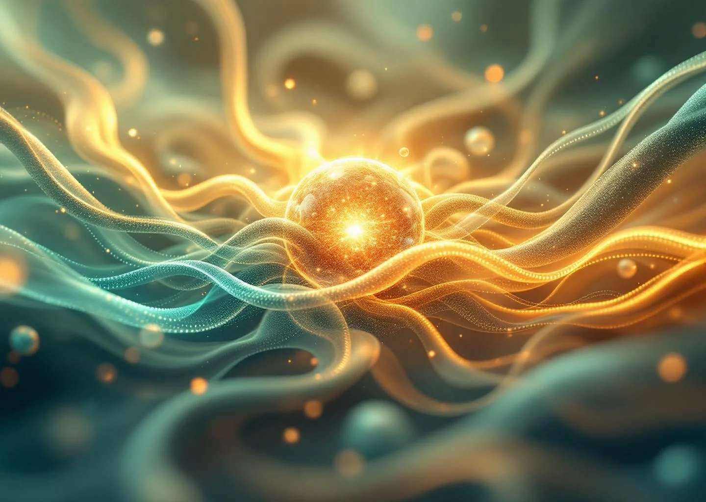 Abstract artistic visualization of cellular metabolic health, showing golden light pathways transitioning from vibrant vitality to soft muted tones.