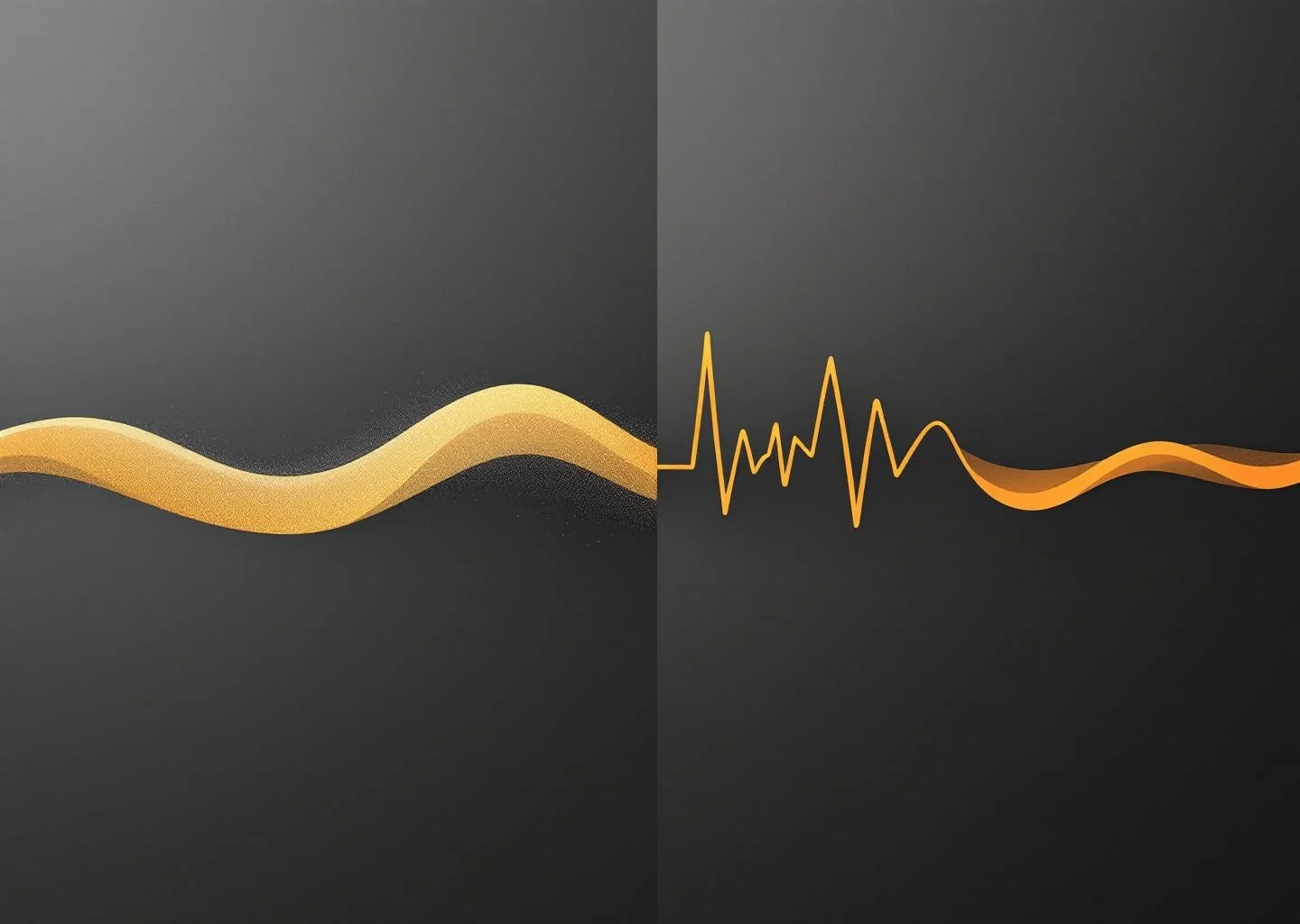 An abstract visual comparison between a smooth, stable golden line and a jagged, chaotic amber line representing glucose levels.