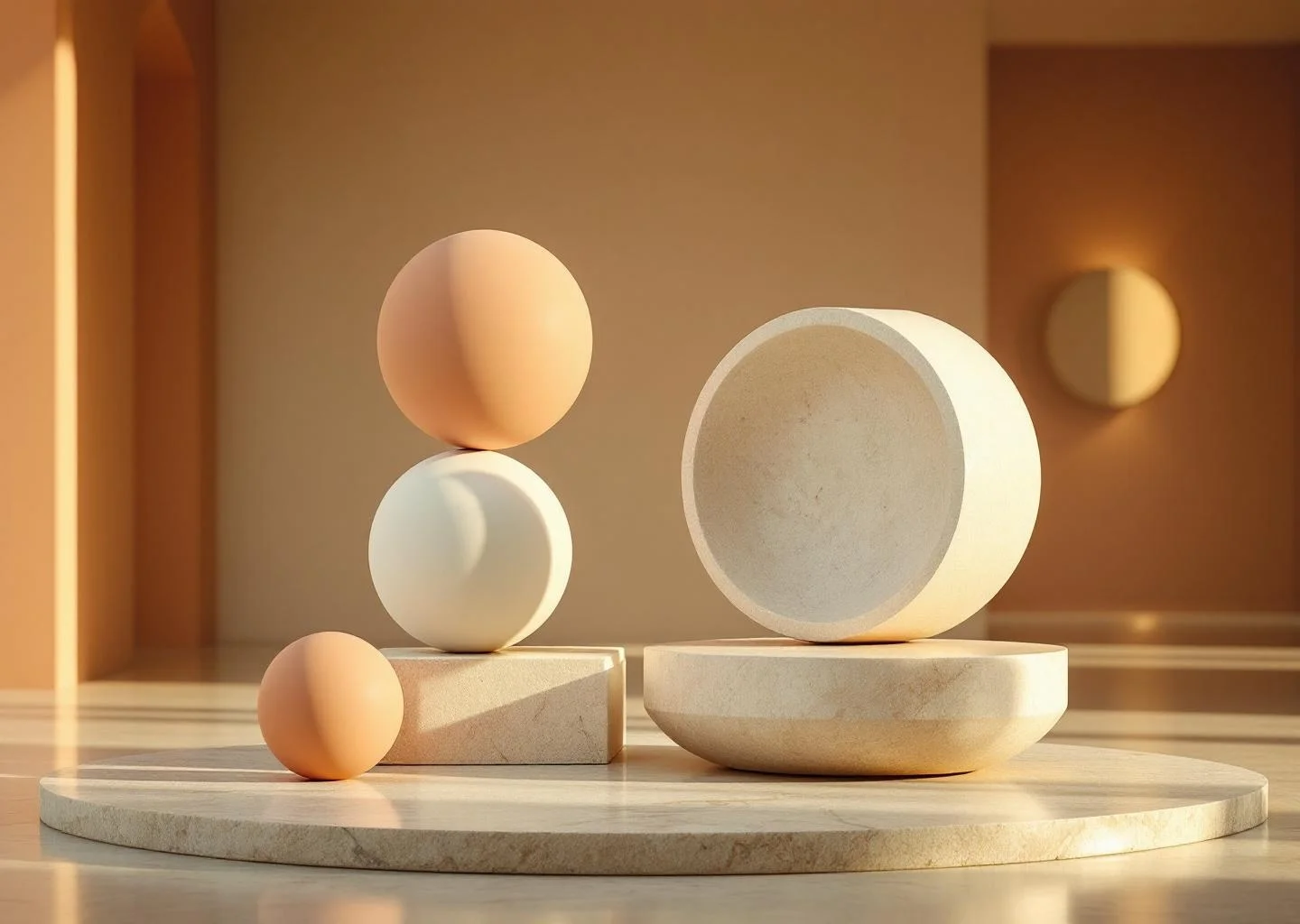 An abstract sculpture made of four geometric shapes representing the pillars of metabolic health, set on a stone surface in soft warm light.