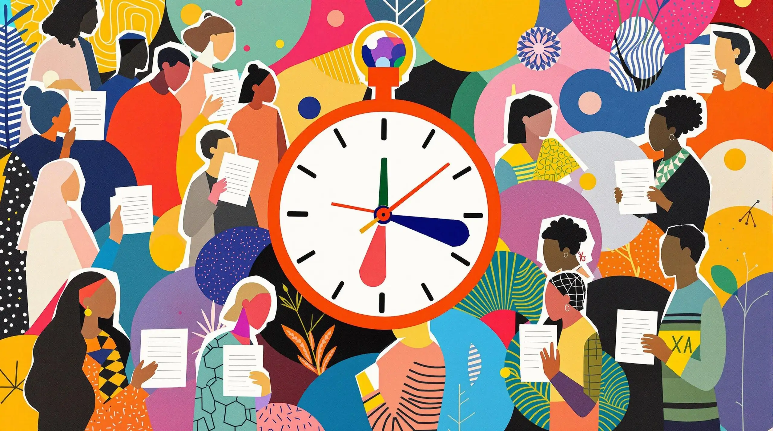 An abstract collage of people with gratitude journals and vibrant patterns.