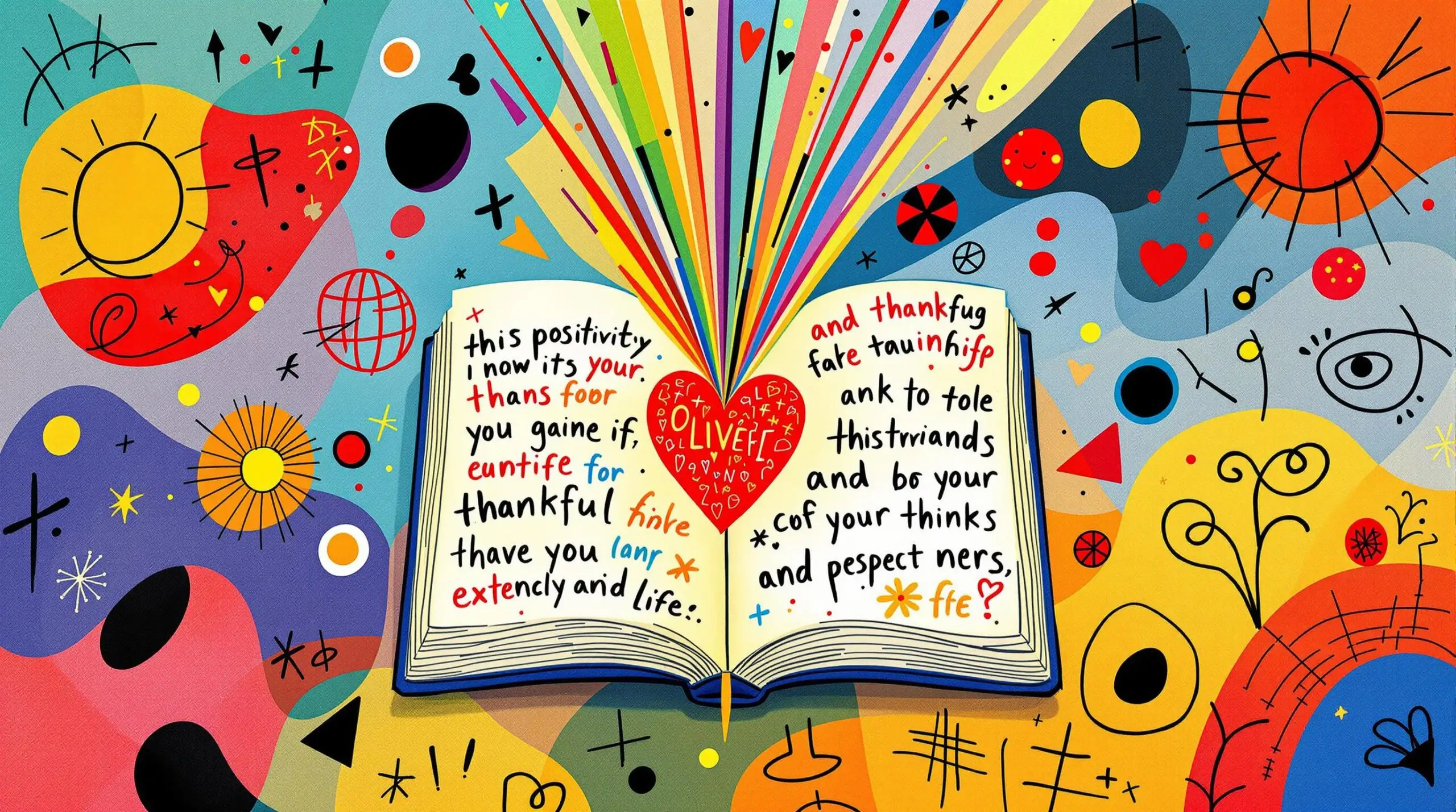 A vibrant illustration of a gratitude journal with abstract shapes representing positivity and longevity.