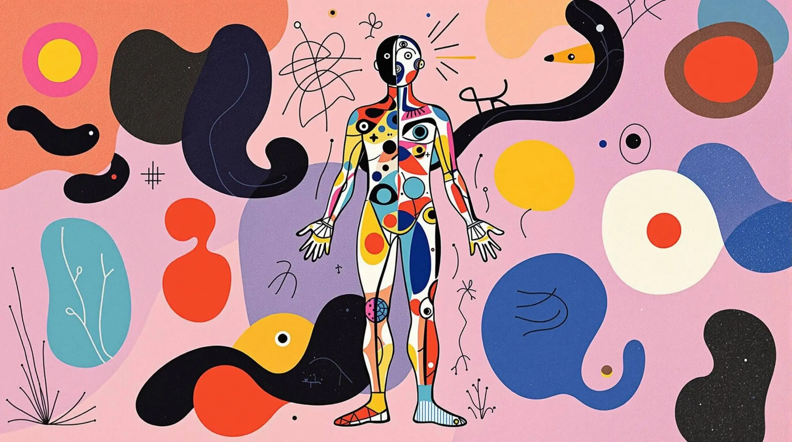 Illustration of a human body with abstract, vibrant lines and mechanical elements portraying effects of reduced gravity.