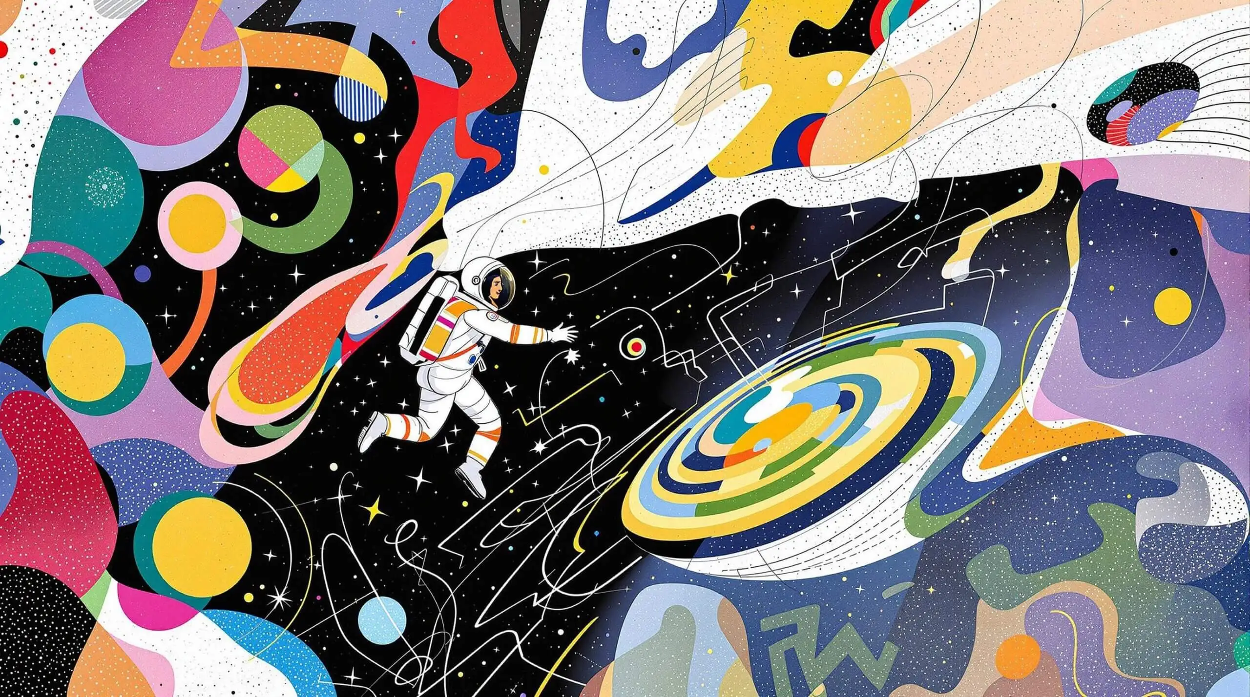 An astronaut floating gracefully through space with abstract geometric shapes around them, depicting weightlessness and curiosity.