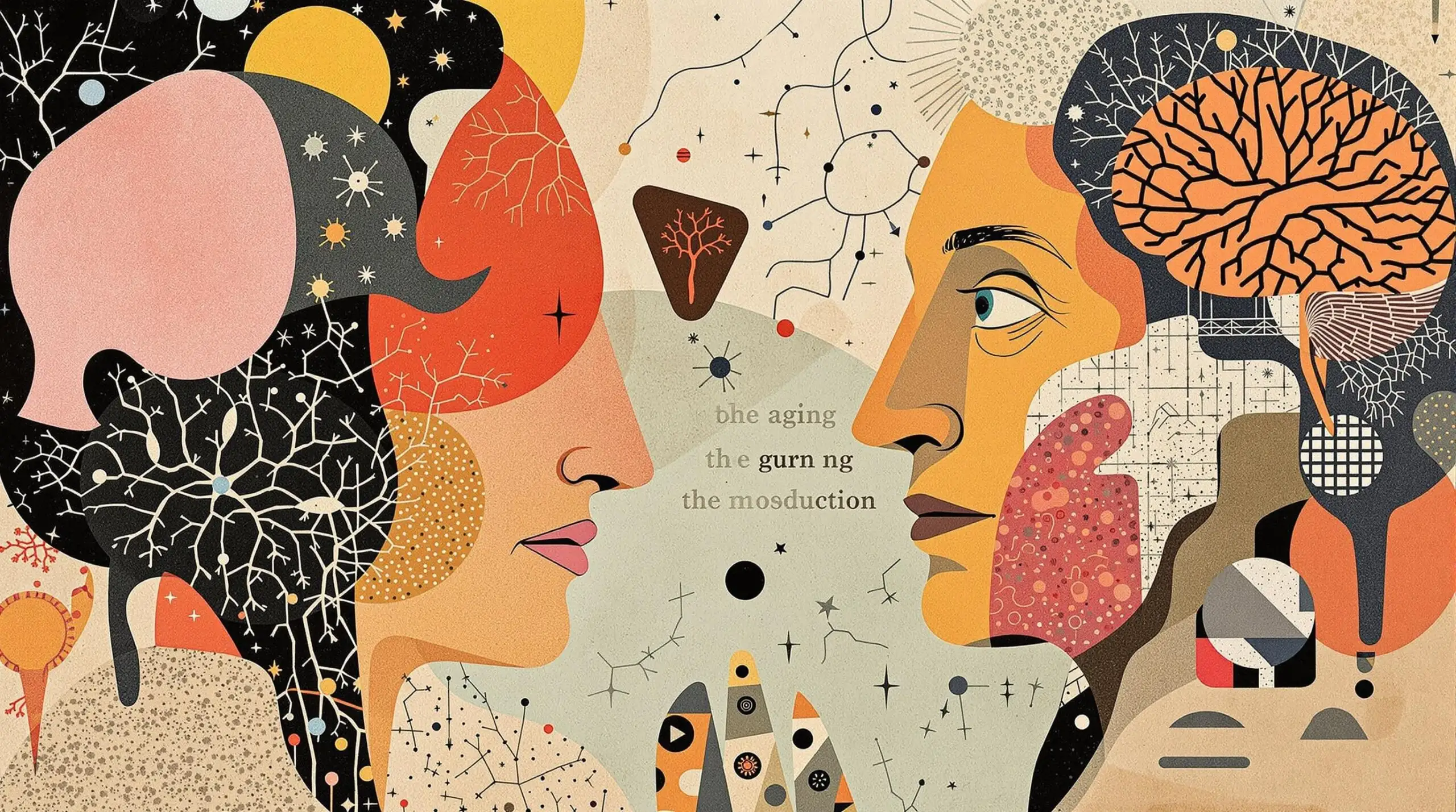 Collage illustration of microbiome influence on aging with abstract shapes and vintage elements.