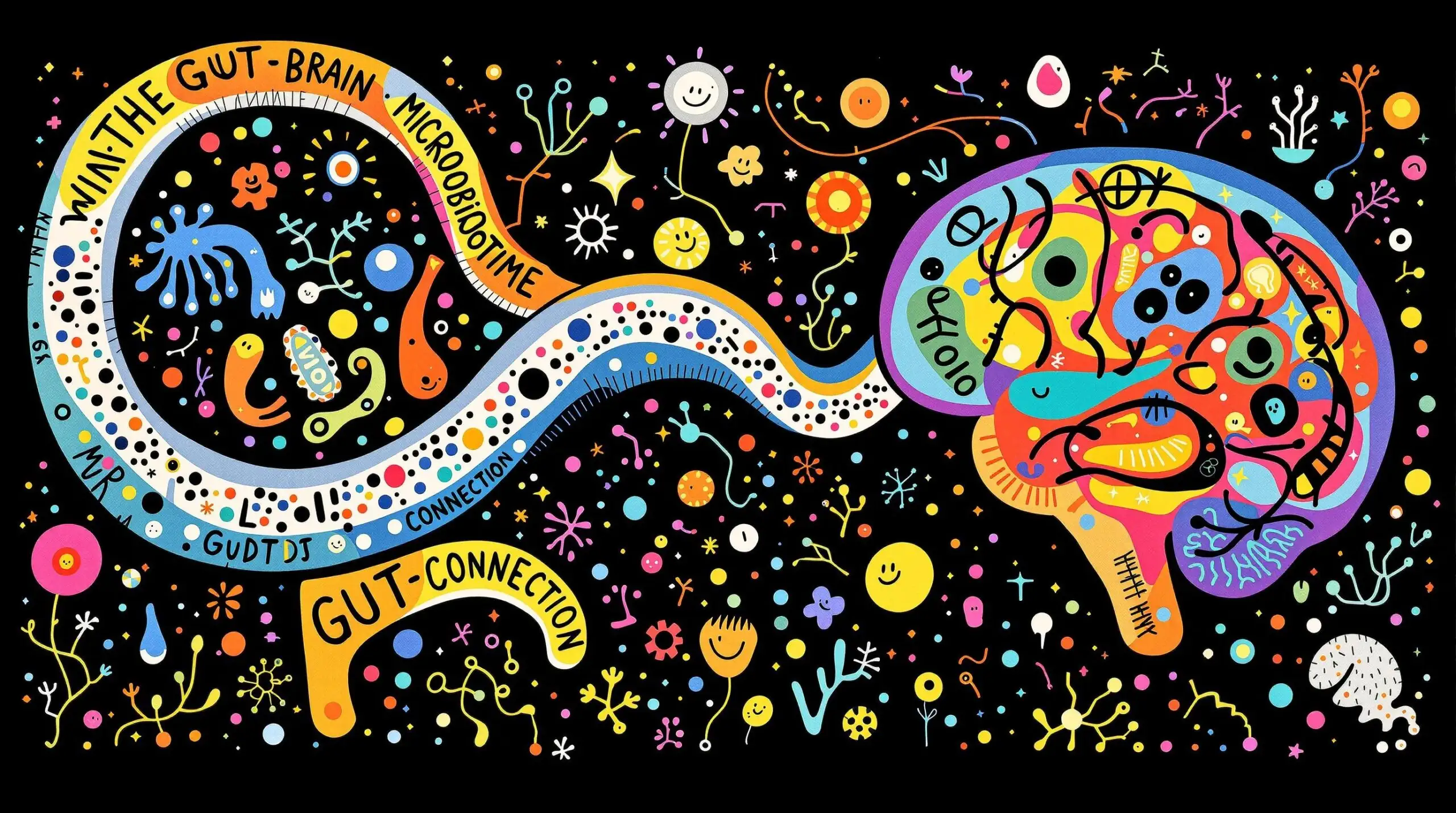 Illustration of a gut-brain connection in the style of Joan Miró with abstract patterns and bright colors.