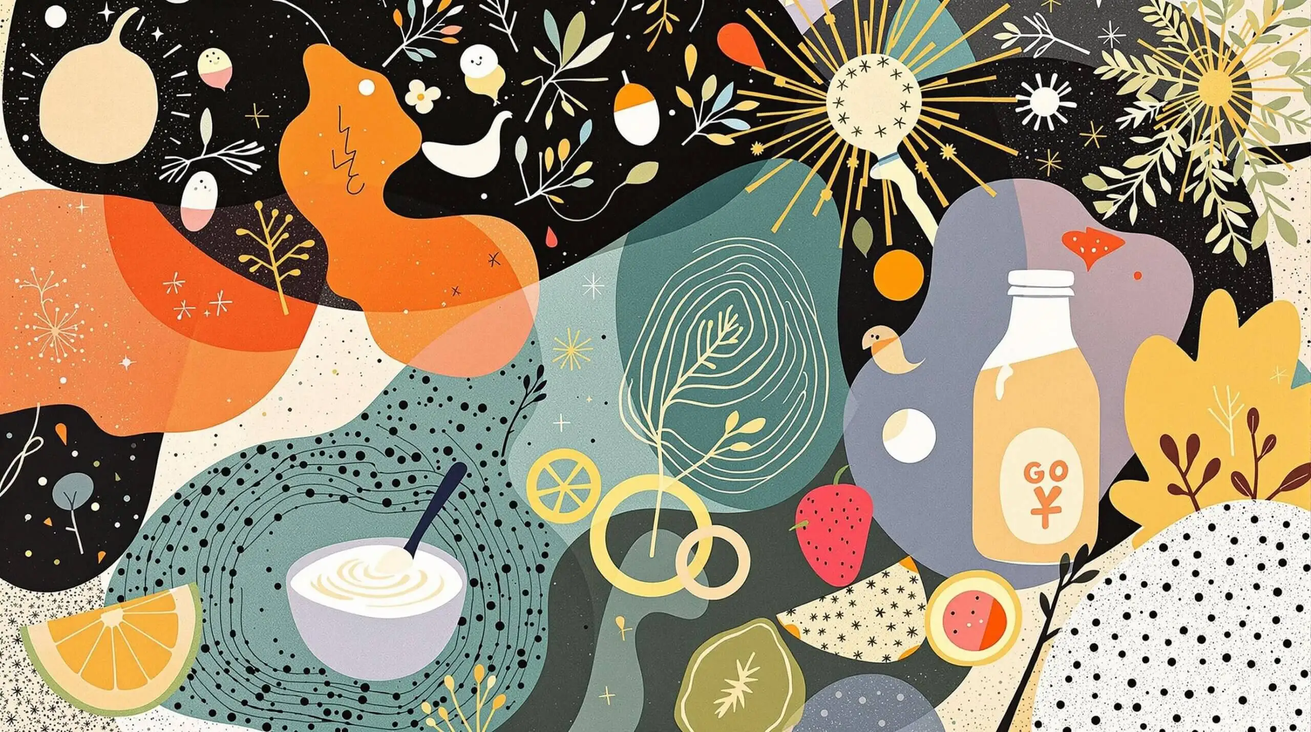 A collage-style illustration featuring probiotic foods intertwined with abstract shapes symbolizing the gut.
