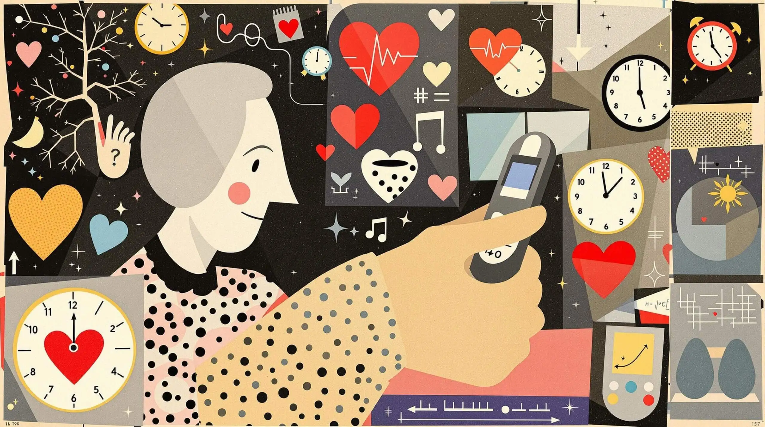 A collage-style image of an elderly person using a hand dynamometer, surrounded by health symbols.