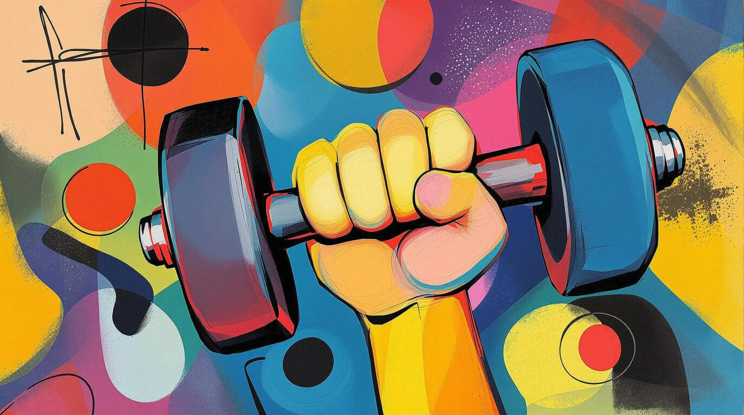 A colorful abstract illustration of a hand gripping a dumbbell, representing the link between handgrip strength and lifespan.