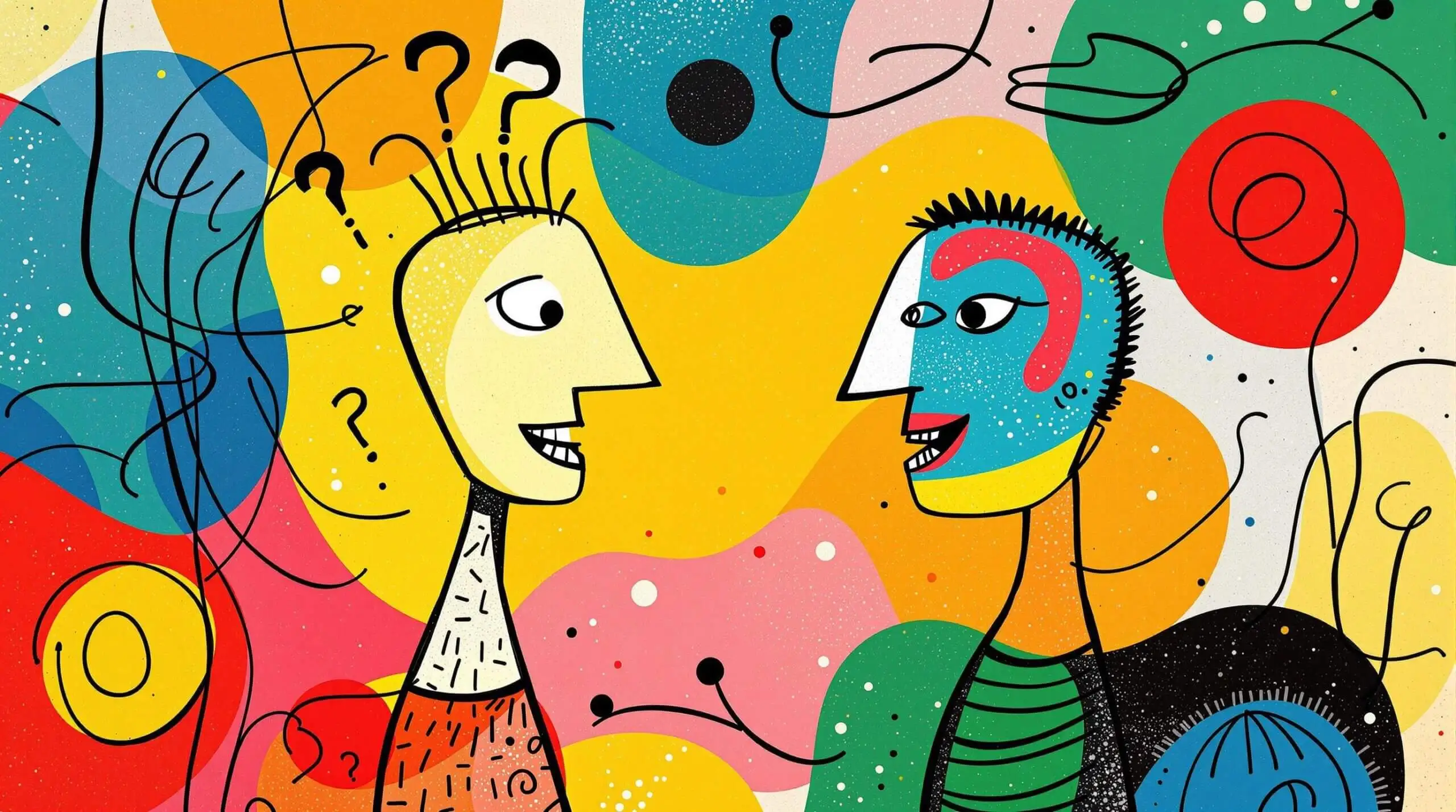 Two abstract figures in conversation with question marks and sound waves.