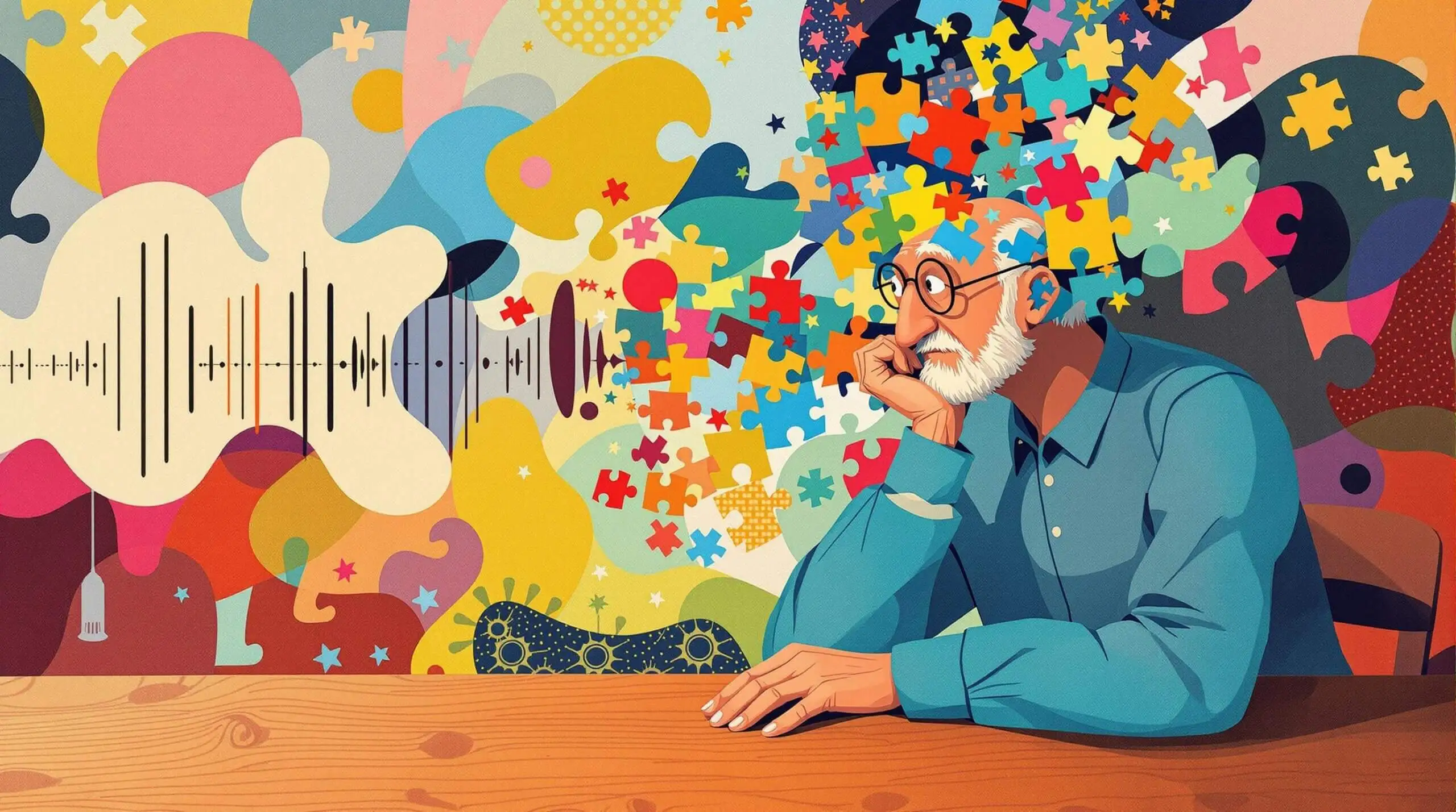 An elderly person surrounded by sound waves and puzzle pieces in an abstract collage.